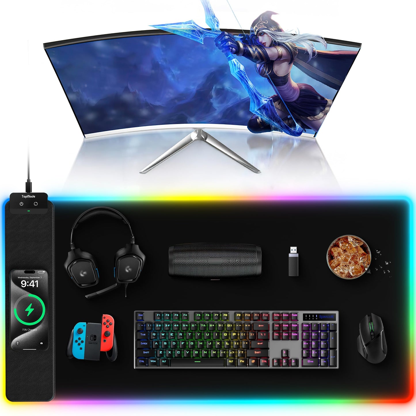 TopMade Mouse Pad with Wireless Charging, 31.5" x 15.75" Large Desk Mat RGB Gaming Mousepad, LED Desk Pad Keyboard Pad with Ultra-Smooth Surface & Non-Slip Rubber Base, Waterproof Desk Pad