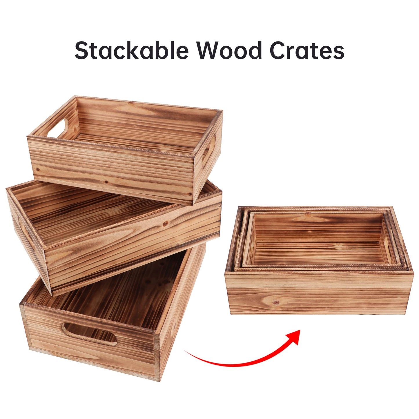 PHOENANCEE Wood Crates For Display,Rustic Crate Storage Decorative Boxes Set of 3,Wooden Nesting Box with Handles Farmhouse Container Basket Bin Home Decoration,Solid Pine,L+M+S