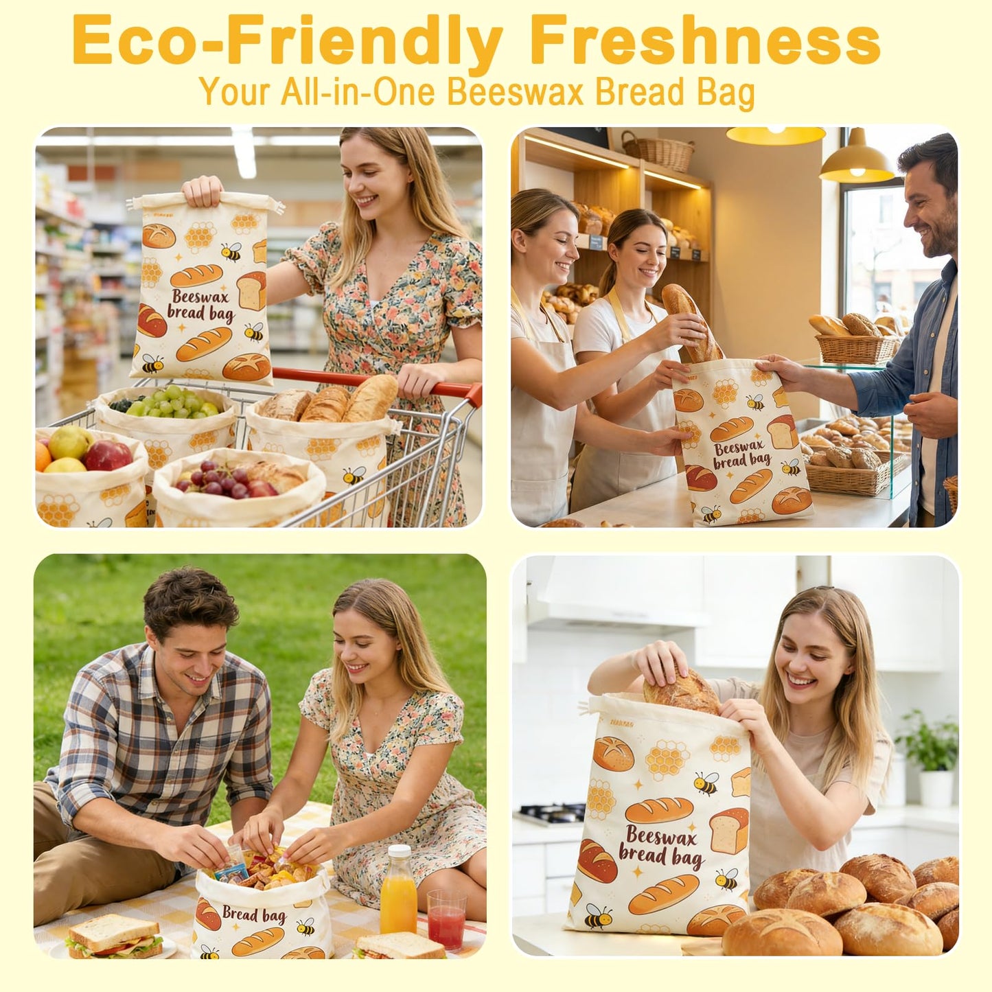 JUNMEI 2 Pack Natural Beeswax Food Wraps, Reusable Organic Cotton Bread Bags with Honeycomb Texture, Plastic Free Storage for Sourdough, Freezer Safe, 12.6x17 Inches