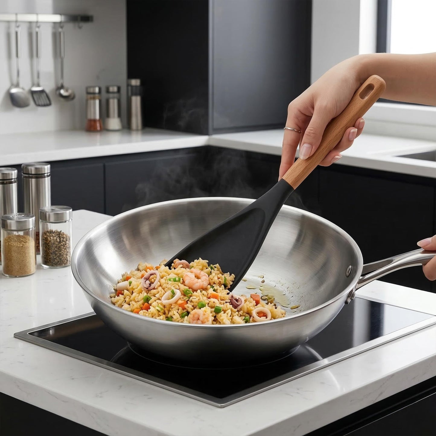 2 Pieces Multi Function Spoon Spatula Set, Multifunctional Kitchen Utensils, 6 in 1 Silicone Slotted Spoonula with Wood Handle, Non Stick Scratch Heat Resistant Design Cookware for Serving & Stirring