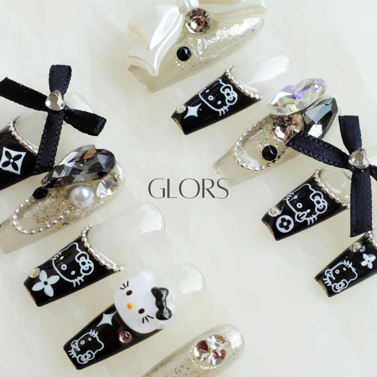 [GLORS] Purly Handmade Long Ballerina Press on Nails | Black False Nail with Cute Kitty | Salon Quality in Long Coffin Nail (S, LC)