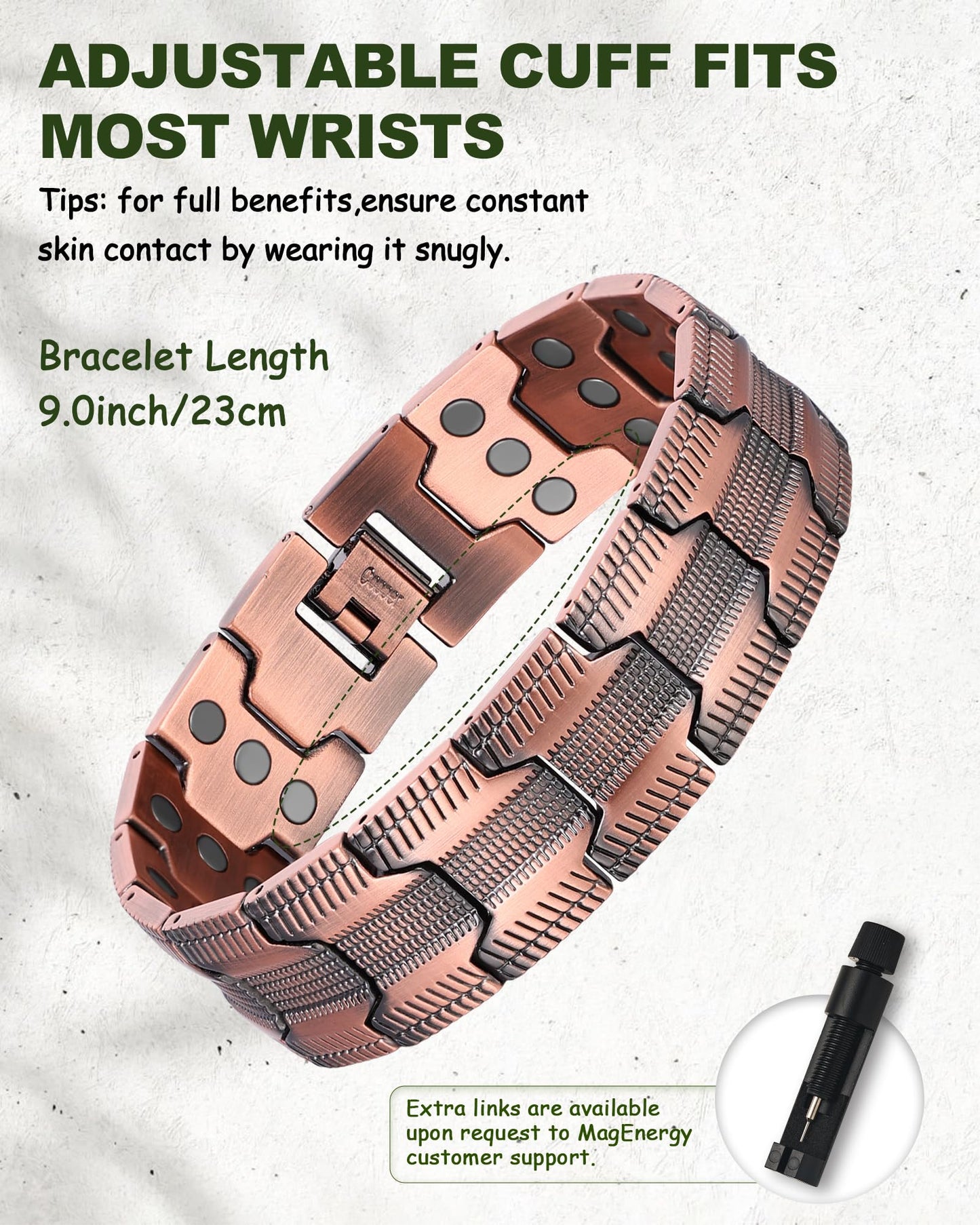 MagEnergy Copper Bracelet for Men, 3X Strength Magnetic Bracelet with 99.99% Pure Copper Ring & 3800 Gauss Magnets, Adjustable Length with Sizing Tool