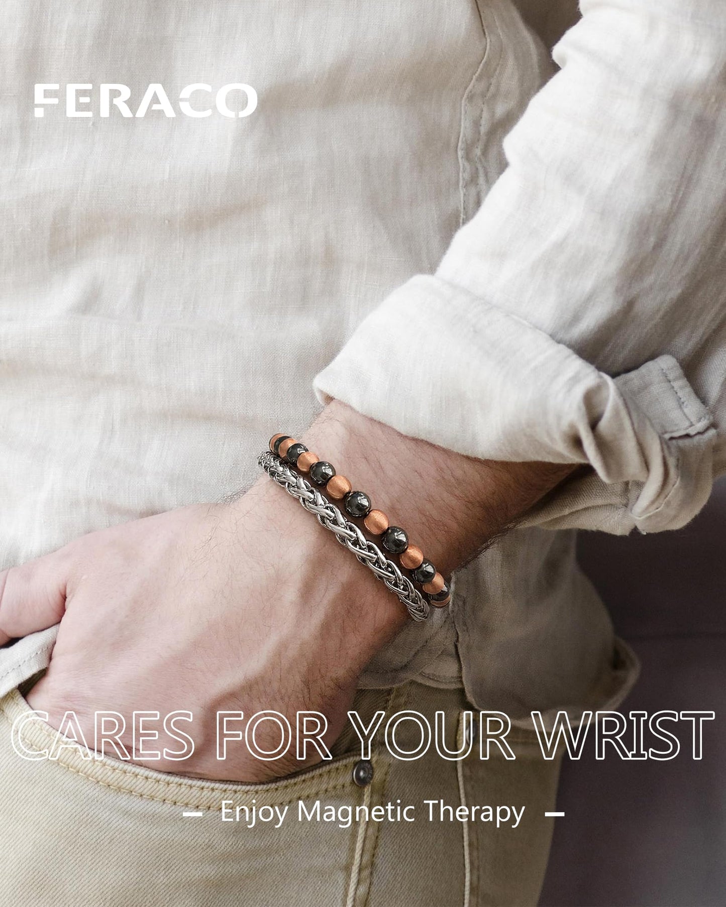 Feraco Magnetic Therapy Cross Copper Bracelet for Men,Hematite Beads Charm Bracelet for Dad,Friends,Brother