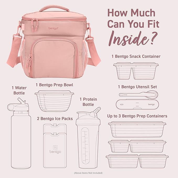 Bentgo Prep Deluxe Insulated Multimeal Bag - Lunch Box Bag, Holds 5 Meals, Premium Insulation up to 8 Hrs, Durable, Water-Resistant - Large Capacity For Adult Meal Prep (Blush)