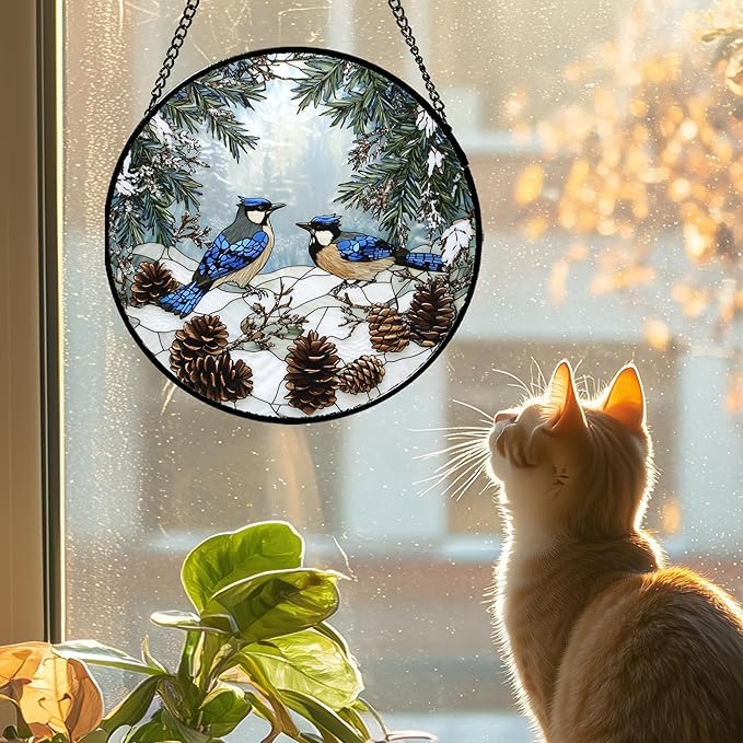 Stained Glass Window Hanging - Blue Bird Winter Forest Landscape Suncatcher for Door Garden Yard Sun Catchers Decor Christmas Mother's Day Birthday Gifts for Women Mom Nana Friend 9.8 in