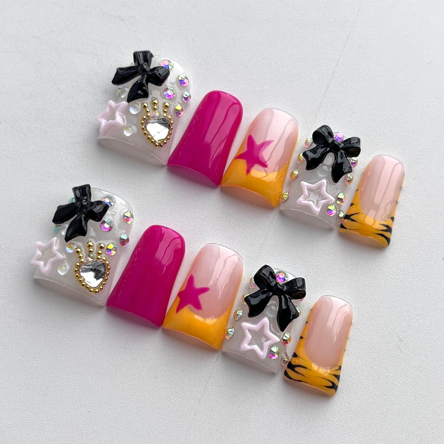 French Tip Press on Nails Handmade Short Duck 3D Thick Acrylic Nails Cute False Nails with Bow Stars Rhinestones Zebra Print Designs Kawaii Glossy Fake Nail Sturdy Art Press on Nail 10Pcs(S)