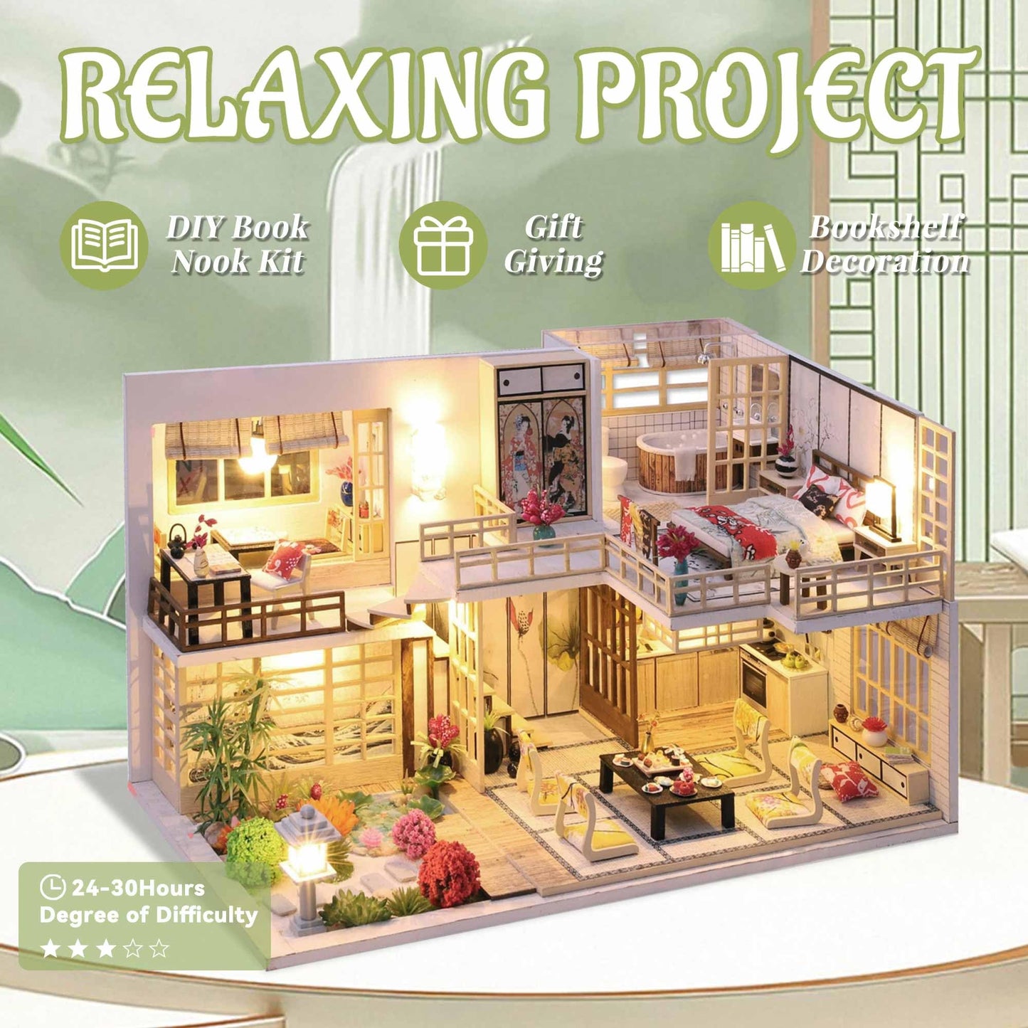 Flever Dollhouse Miniature DIY House Kit with Japanese Style, Creative Room with Furniture for Romantic Valentine's Gift (Quiet and Elegant Residence)