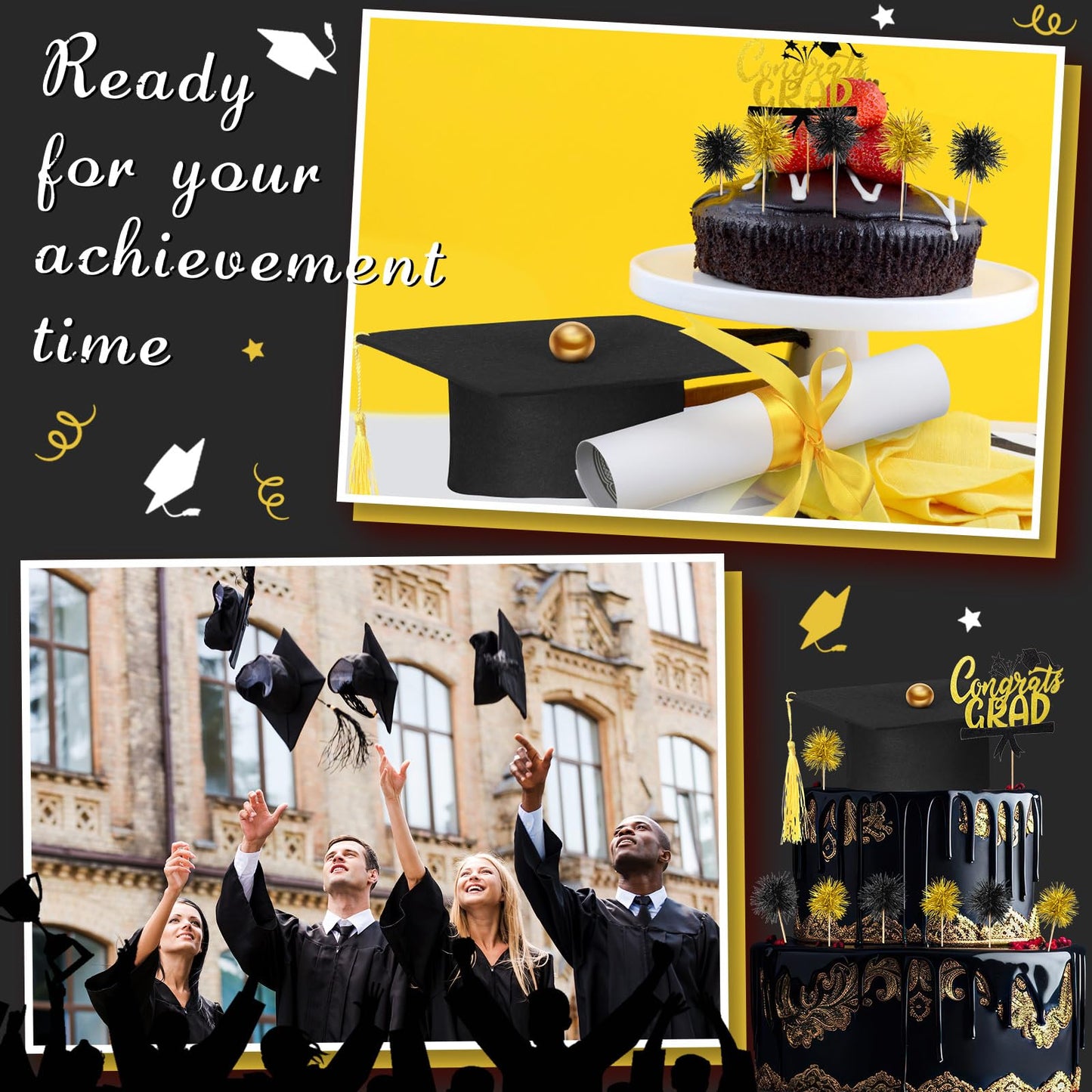 Ctosree 16 Pcs Graduation Cake Kit Graduation Cake Topper Included Felt Graduate Cap with Tassel Firework Cupcake Toppers Grads Cupcake Topper Diploma Decor for Wedding Graduate Party(Black Gold)