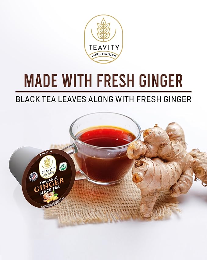 Organic Ginger Tea Pods for Keurig with Unsweet Black Tea for K Cup Brewing - Ginger Black Tea by Teavity (12 Tea Pods)
