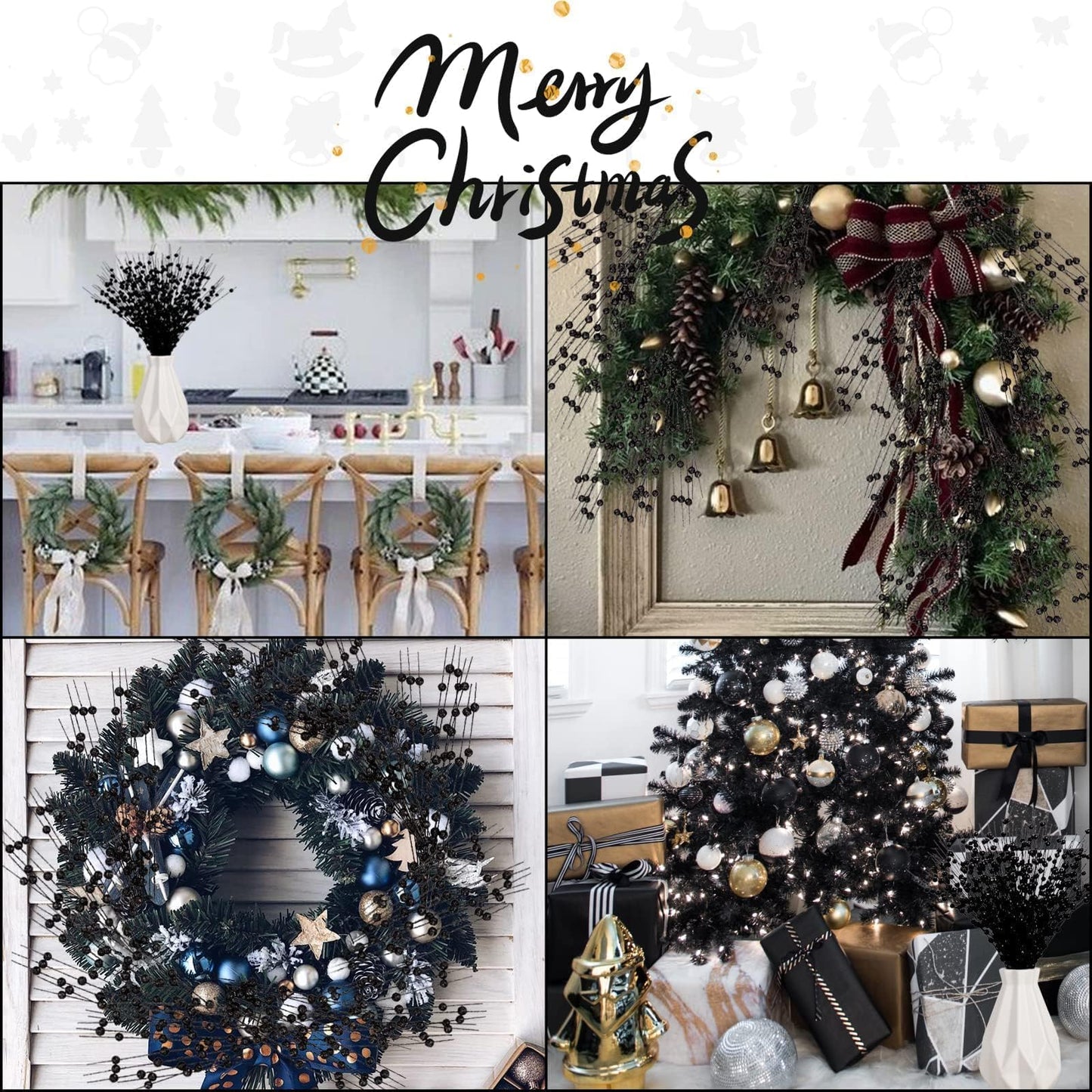 Megoogo 12 PCS Artificial Glitter Berry, Black Glitter Picks Artificial Berries Stems for Christmas Ornaments Fake Stem Decorative Sticks for Vases Tall DIY Wreath Halloween Decor