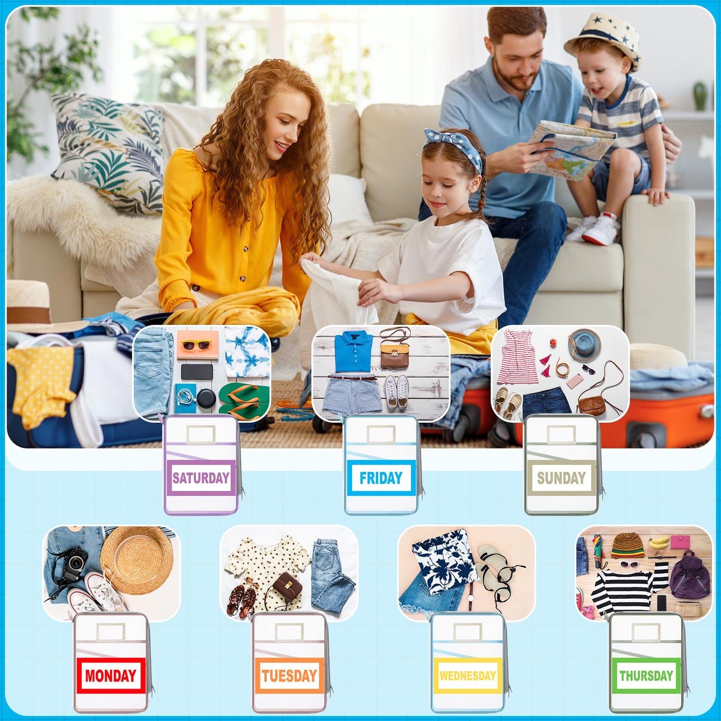 Honoson 14 Pack Packing Cubes for Travel Days of Week Packing Cubes with Labels Clear Zippered Storage Bag for Travel Summer Camp Essentials