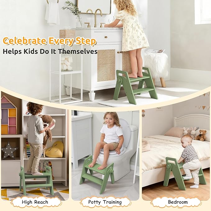Wooden 2 Step Stool for Kids Bathroom Foldable 2-Step for Toilet Potty Training, Child Stepping Stool for Kitchen Nursery Bedroom Green