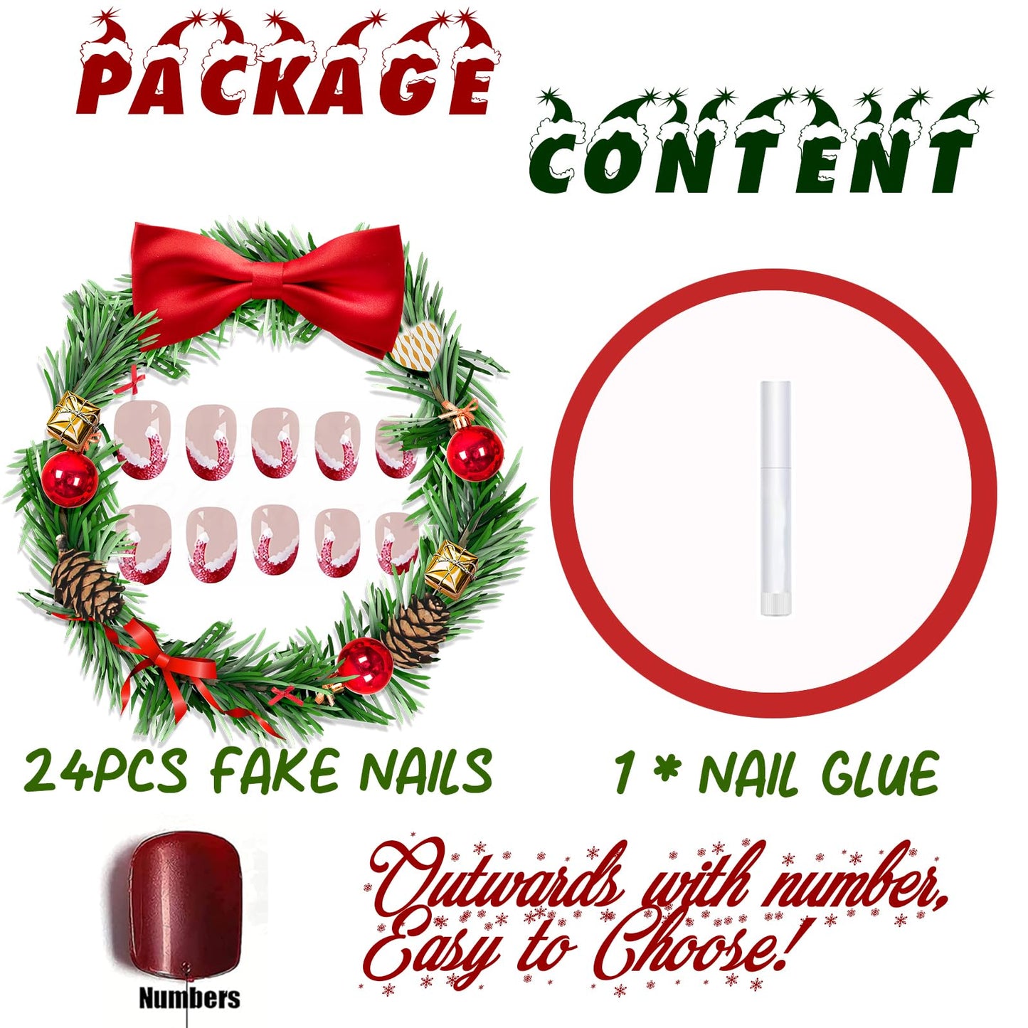 BABALAL Christmas Press on Nails Short Almond Fake Nails Red French Tip Glue ons Nails Christmas Hat Design Acrylic Nails 24Pcs Stiletto False Nails Xmas Bling Stick on Nails