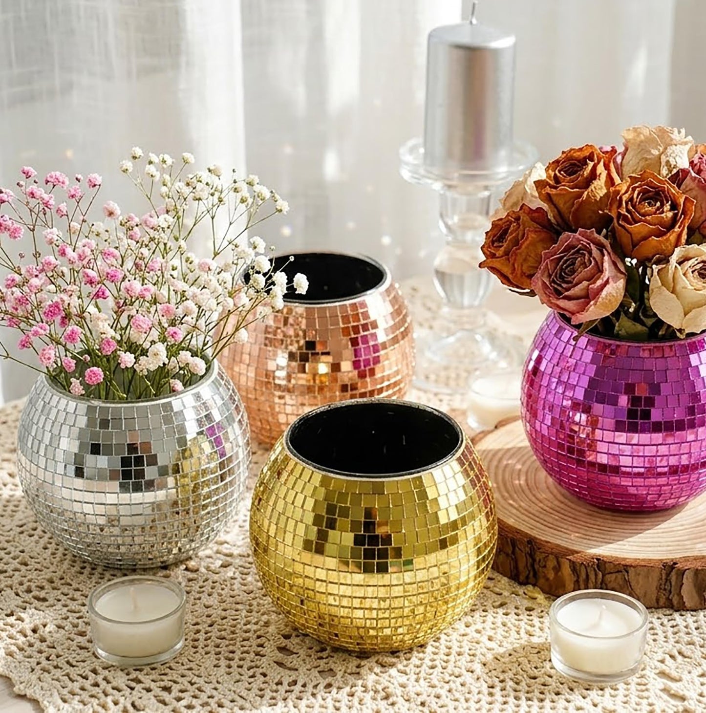 SILFGRLF 2 PCS Disco Ball Pencil Holder for Desk - Cute Office Decor & Makeup Brush Organizer, 4 Inch Sparkly Glass Pen Cup, Fun Desk Accessories for Women (GOLD)