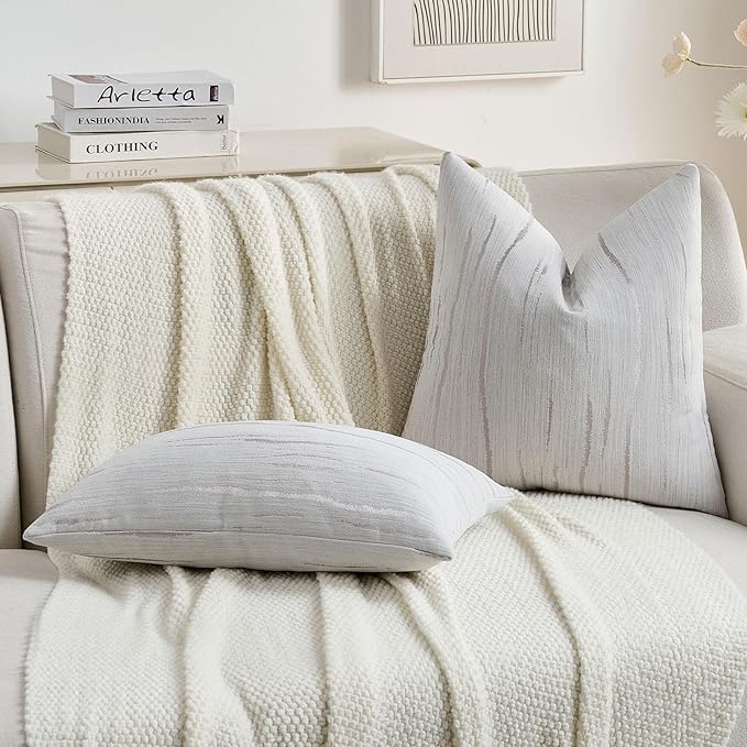 FUTEI Grey Chenille Decorative Throw Pillow Covers 26x26 Inch Set of 2,Soft Embossed Striped Textured Euro Pillow Shams,Modern Home Decor for Couch Bed Living Room