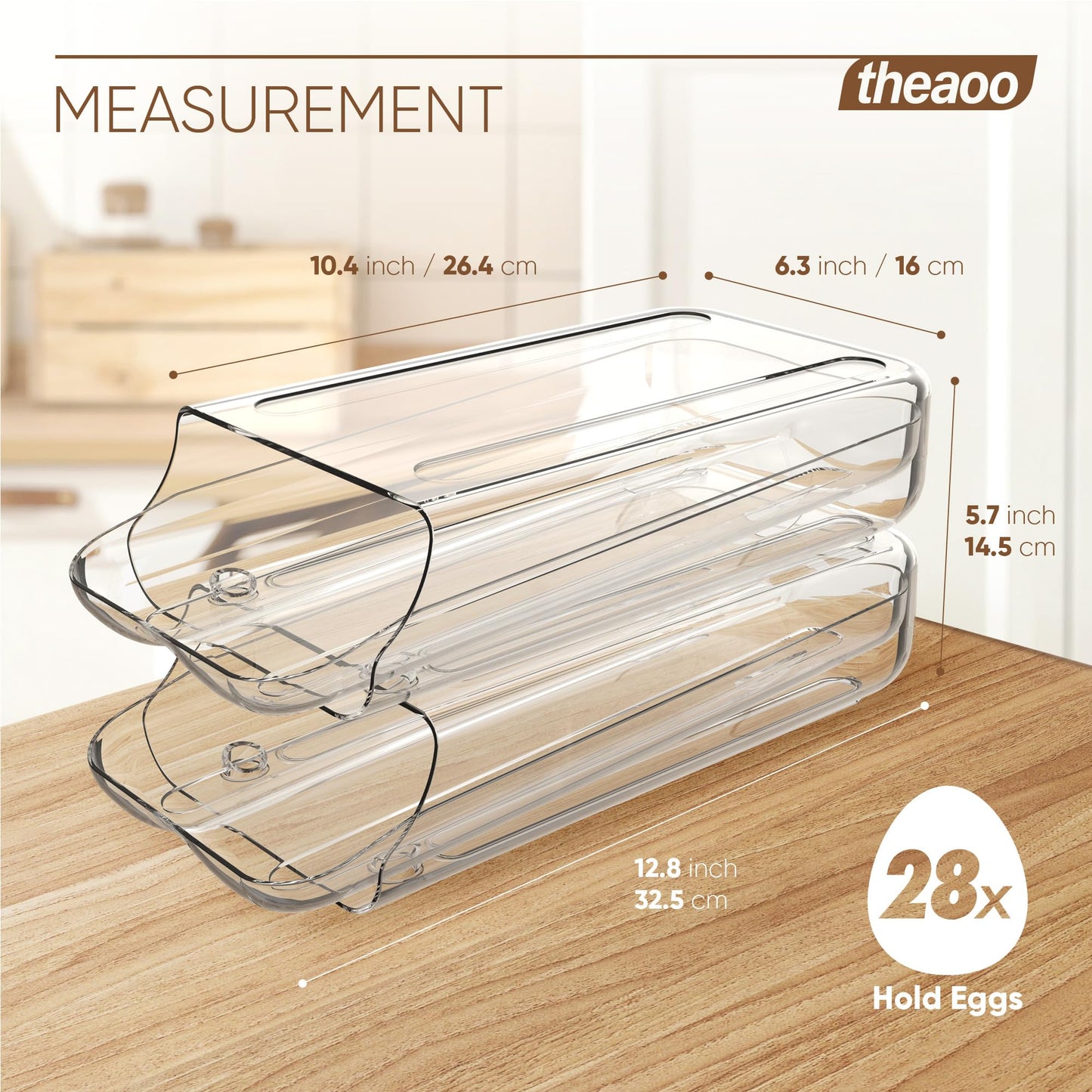 theaoo Egg Holder for Fridge, Automatic Rolling Egg Container for Refrigerator, Clear Plastic Egg Dispenser, Stackable Eggs Organizer with Quick Removable inner Tray For Organizers and Storage, 2 Pack