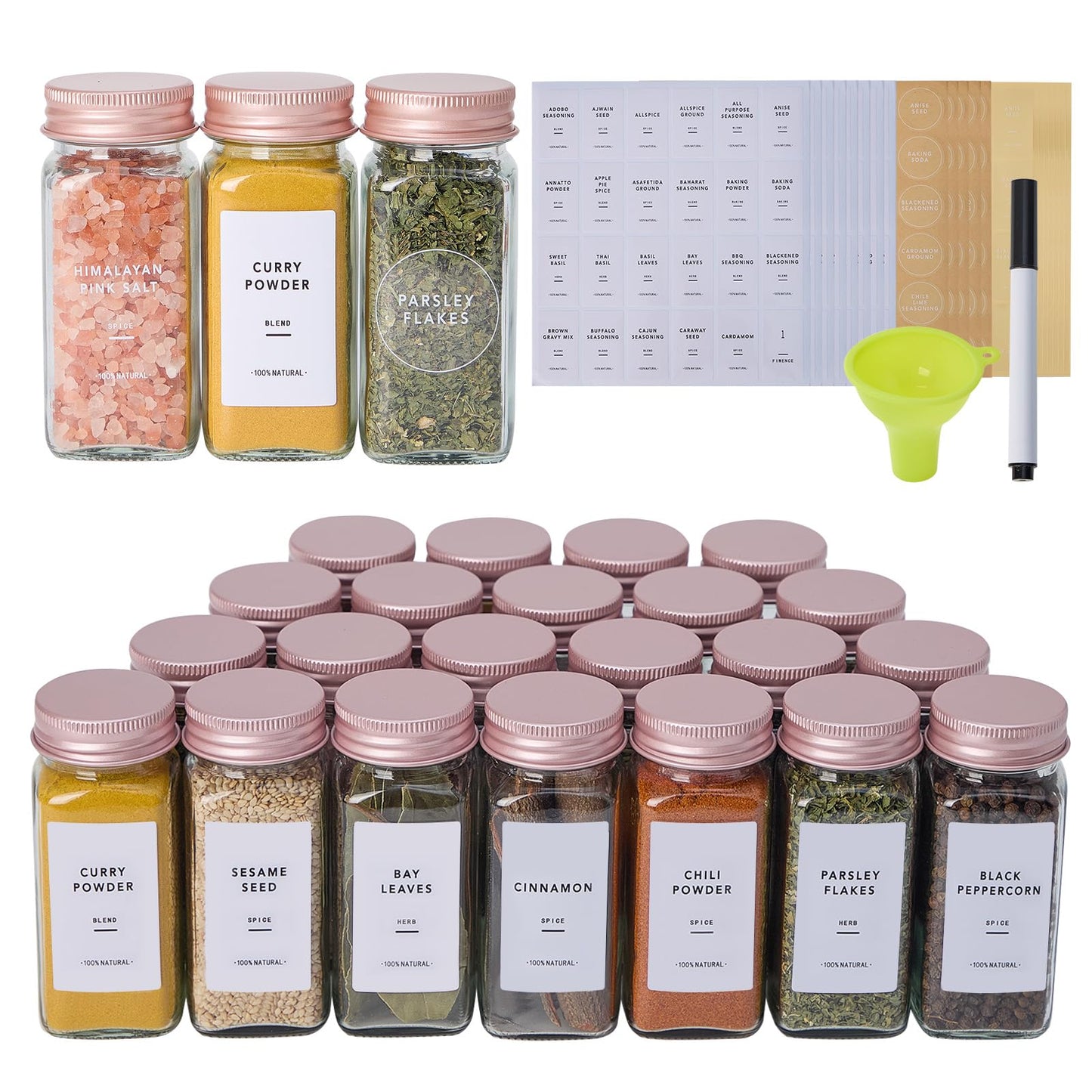 Fiwence 24 Pcs Glass Spice Jars with Labels and Pink Metal Caps, 4oz Empty Spice Containers with Shaker Lids, Funnel, Pen,Seasoning Storage Bottles for Spice Rack, Cabinet, Drawer