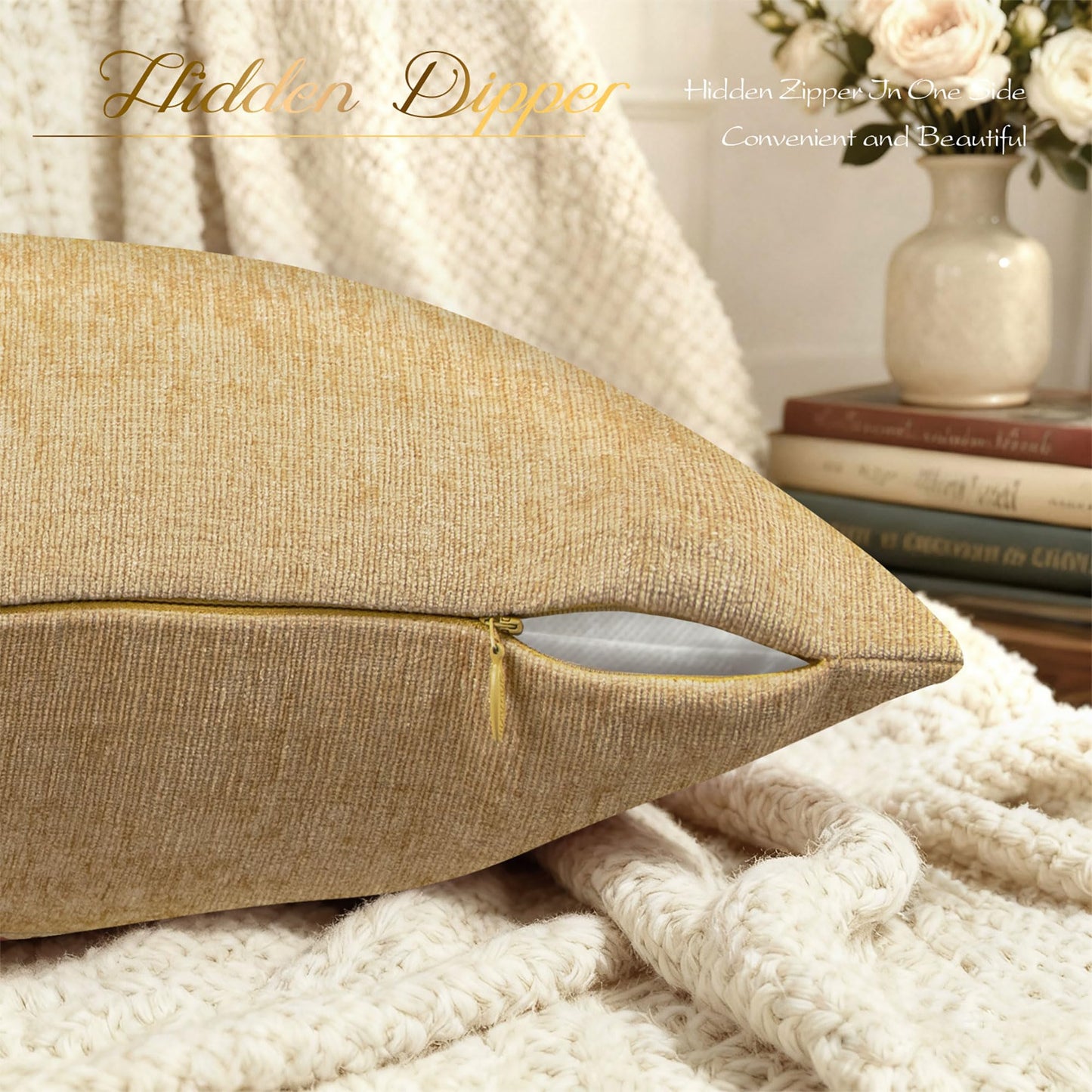 BRAWARM Throw Pillow Covers 22x22 Inches - Gold Chenille Pillow Covers Pack of 2, Solid Dyed Soft Chenille Pillow Cases for Couch Sofa Bed Home Decoration
