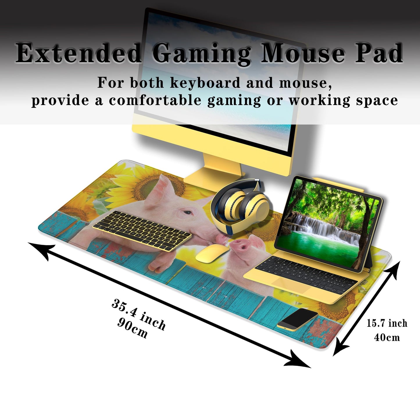 Samgula Keyboard Mat Yellow Blue Long Mouse Pad, Computer Mat Large Desk Pads, Big Desk Mat Non-Slip Rubber Base, 35.4 X 15.7 inch for Work/Game/Office/Home Funny Pig Hanging on A Fence. Studio Photo.