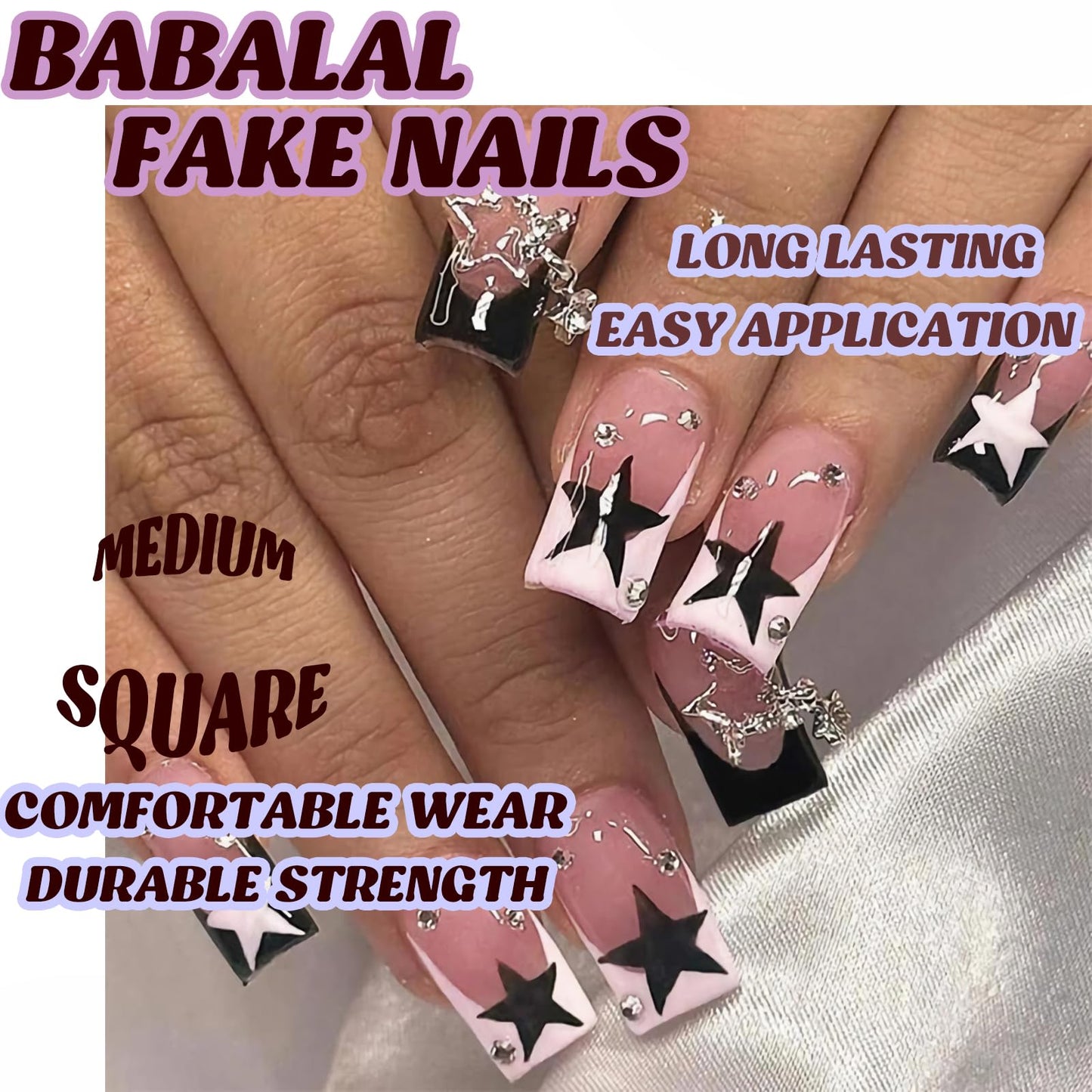 BABALAL French Tip Press on Nails Medium Square Fake Nails Black Pink Glue on 3d Star Charm 24Pcs Rhinestone Squoval Artificial Cute False Acrylic Nails for Women and Girls