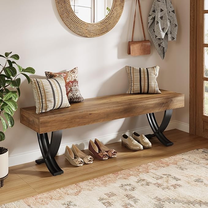 Tribesigns Entryway Shoe Bench, 55-Inch Wooden Shoe Bench with Metal X-Shaped Legs, Industrial Long End of Bed Stool with Seating for Bedroom, Living Room, Hallway, Porch