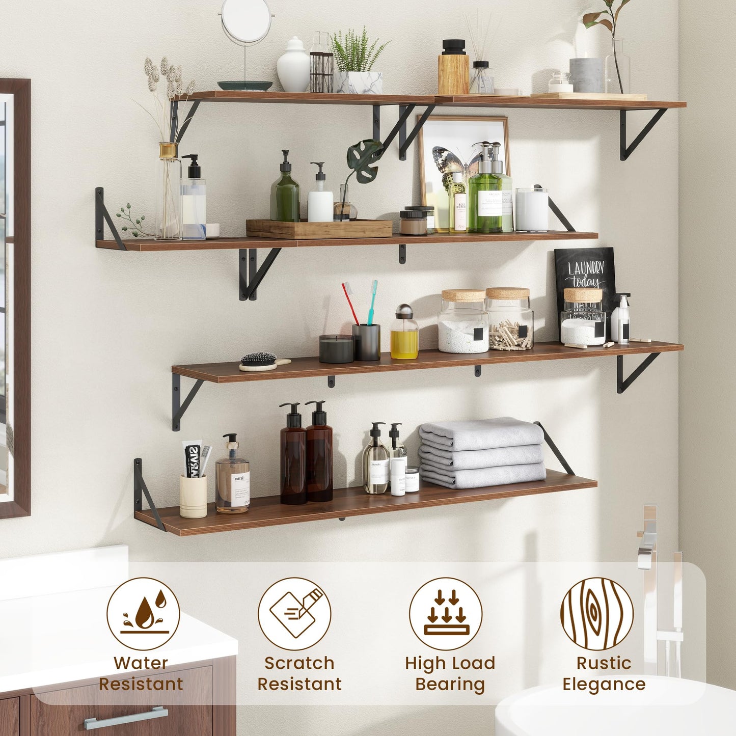Acovy Deep Floating Shelves for Wall,36Wx8D Wall Mounted Shelves Set of 2,Wall Storage Floating Shelf with Sturdy Metal Brackets for Living Room,Bathroom,Kitchen,Office,Walnut