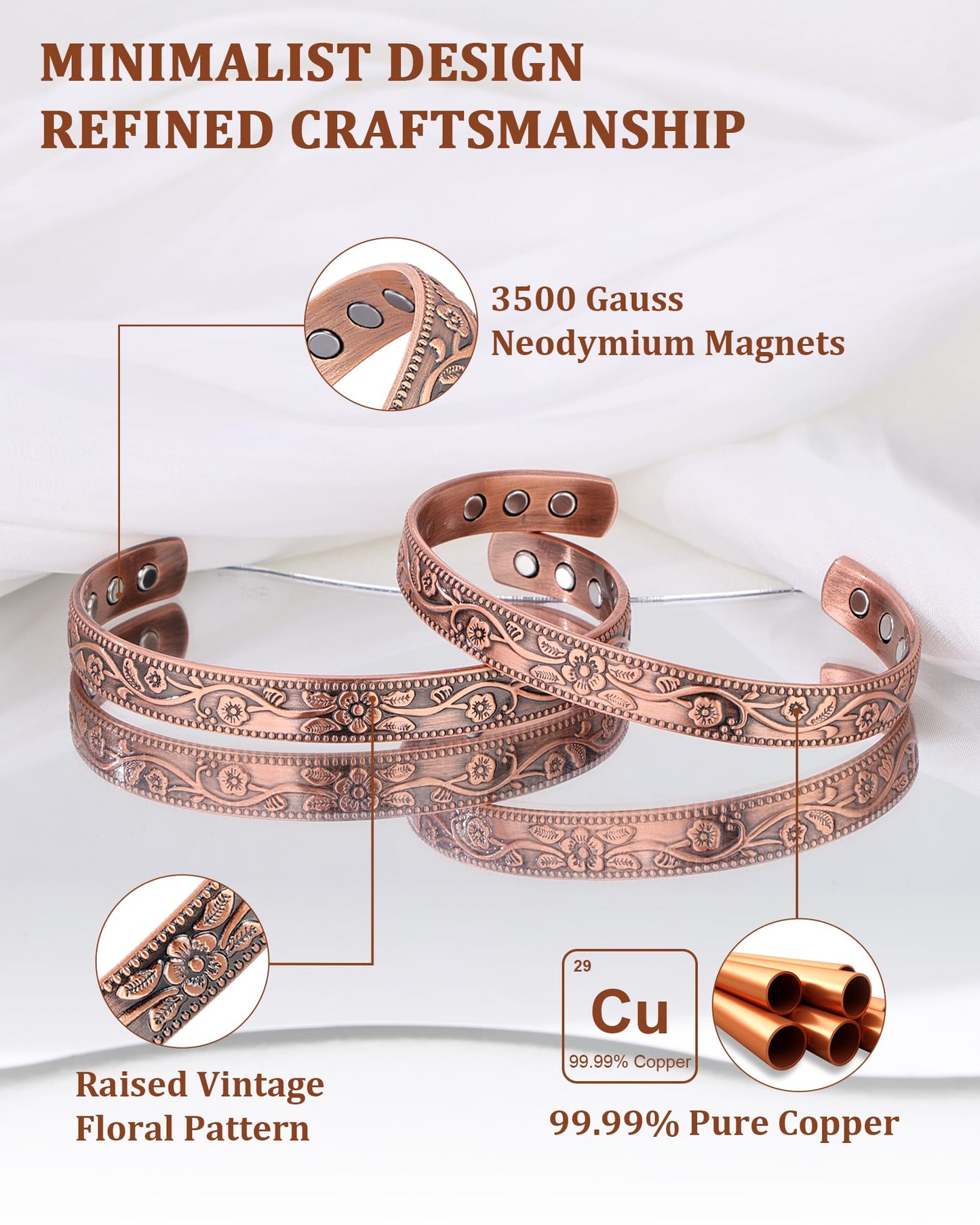 BioMag Copper Bracelet & Ring for Women, 99.99% Pure Copper Magnetic Bracelet Lymphatic Drainage Rings with 3500 Gauss Magnets, Adjustable & Flower Pattern (Copper-C-2PCS)