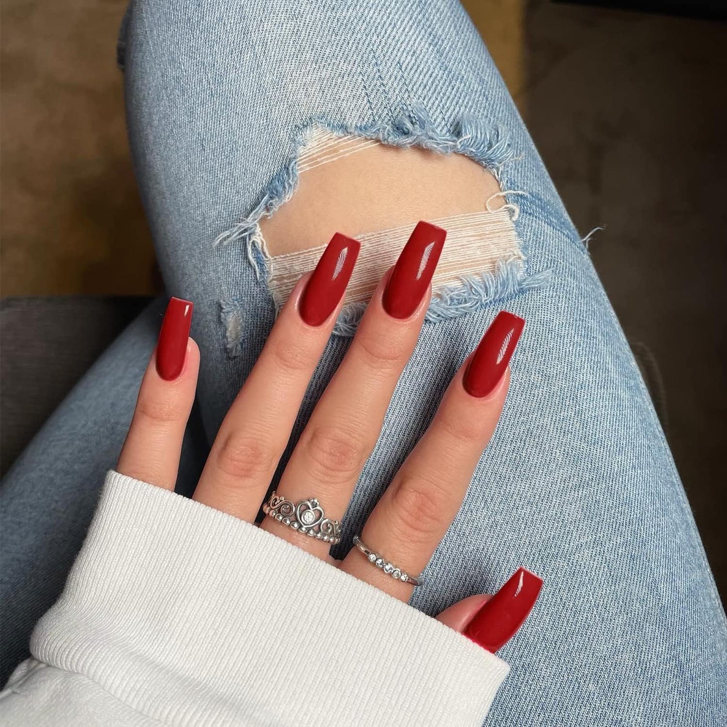 Red Press On Nails Medium Long Square, Xcreando Medium Coffin Nails Acrylic Nails Press ons Glue on Nails Medium Length, Solid Color Fake Nails for Women Holiday Thick Artificial Nails