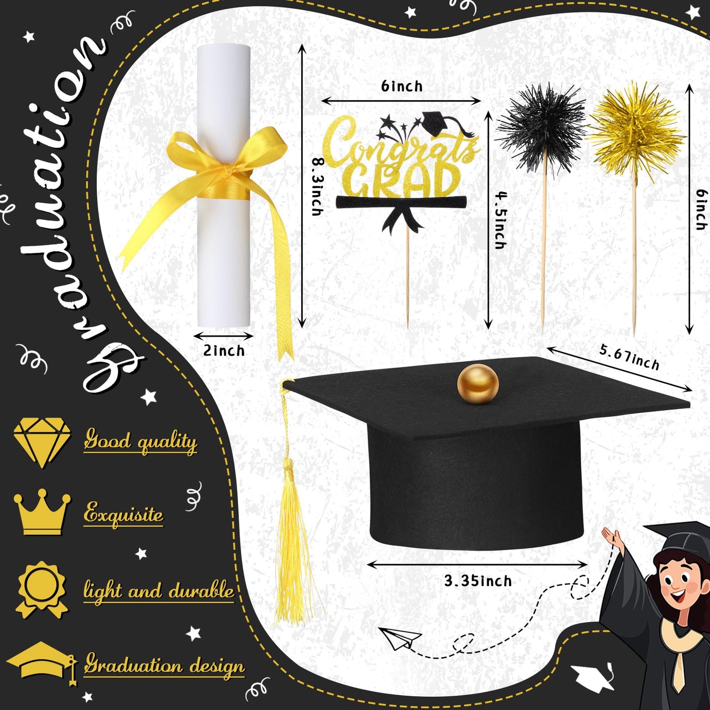 Ctosree 16 Pcs Graduation Cake Kit Graduation Cake Topper Included Felt Graduate Cap with Tassel Firework Cupcake Toppers Grads Cupcake Topper Diploma Decor for Wedding Graduate Party(Black Gold)
