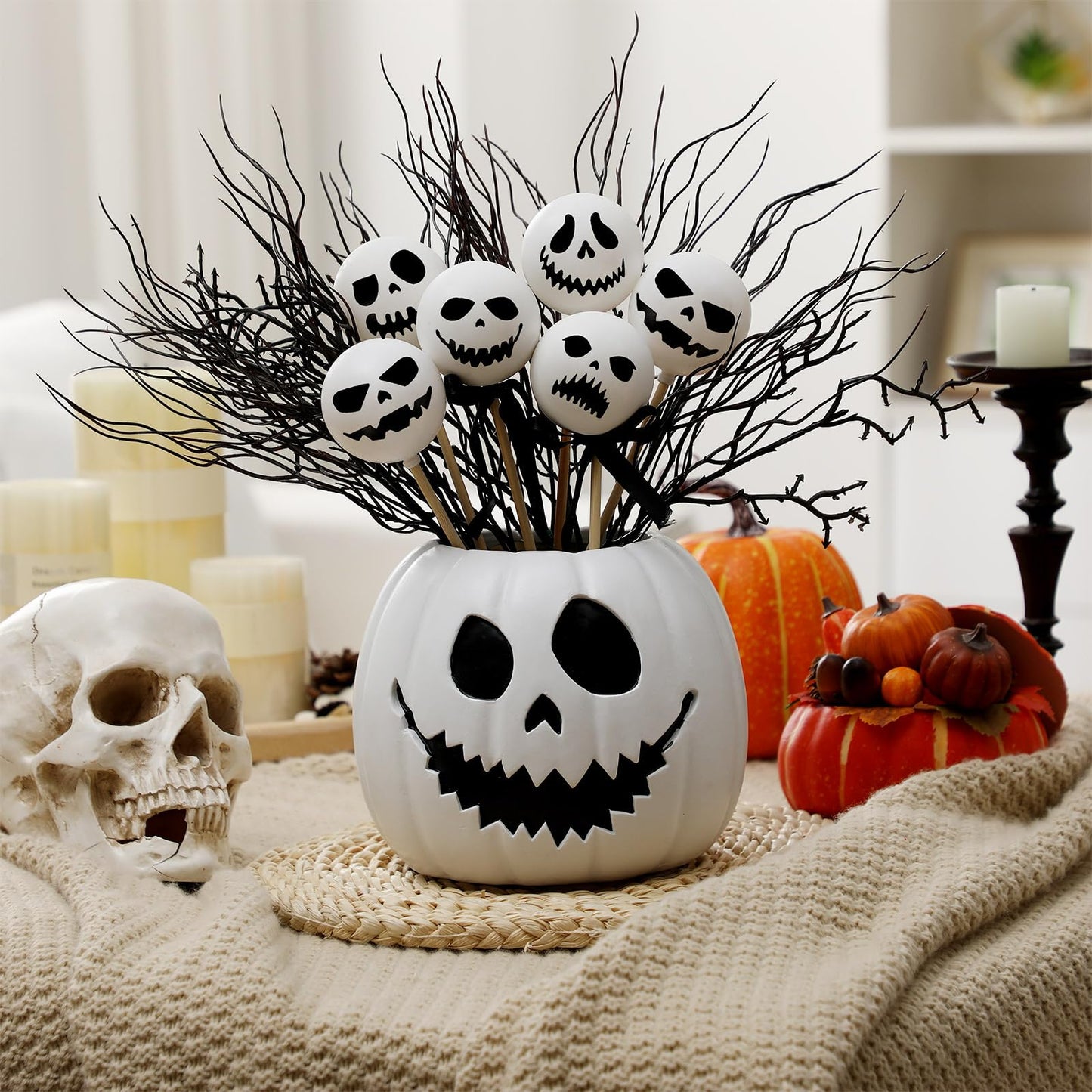 Wiwiqing Halloween Table Centerpieces Decor Resin Pumpkin Vase with Artificial Ghost Skull Face Balls Branch Flower Soil, Retro DIY Spooky Pumpkin Vase for Home Kitchen Indoor Decoration(Scary Face)