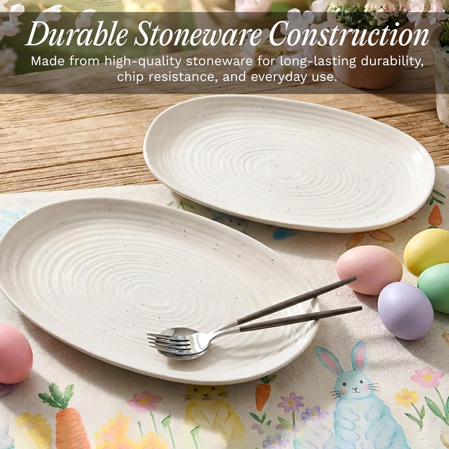 SANGO Siterra 2-Piece Speckled Stoneware Serving Platter Set- Large & Medium Ceramic Platters with Glossy Rustic Glaze for Kitchen, White Serving Dishes for Entertaining, Microwave and Dishwasher Safe