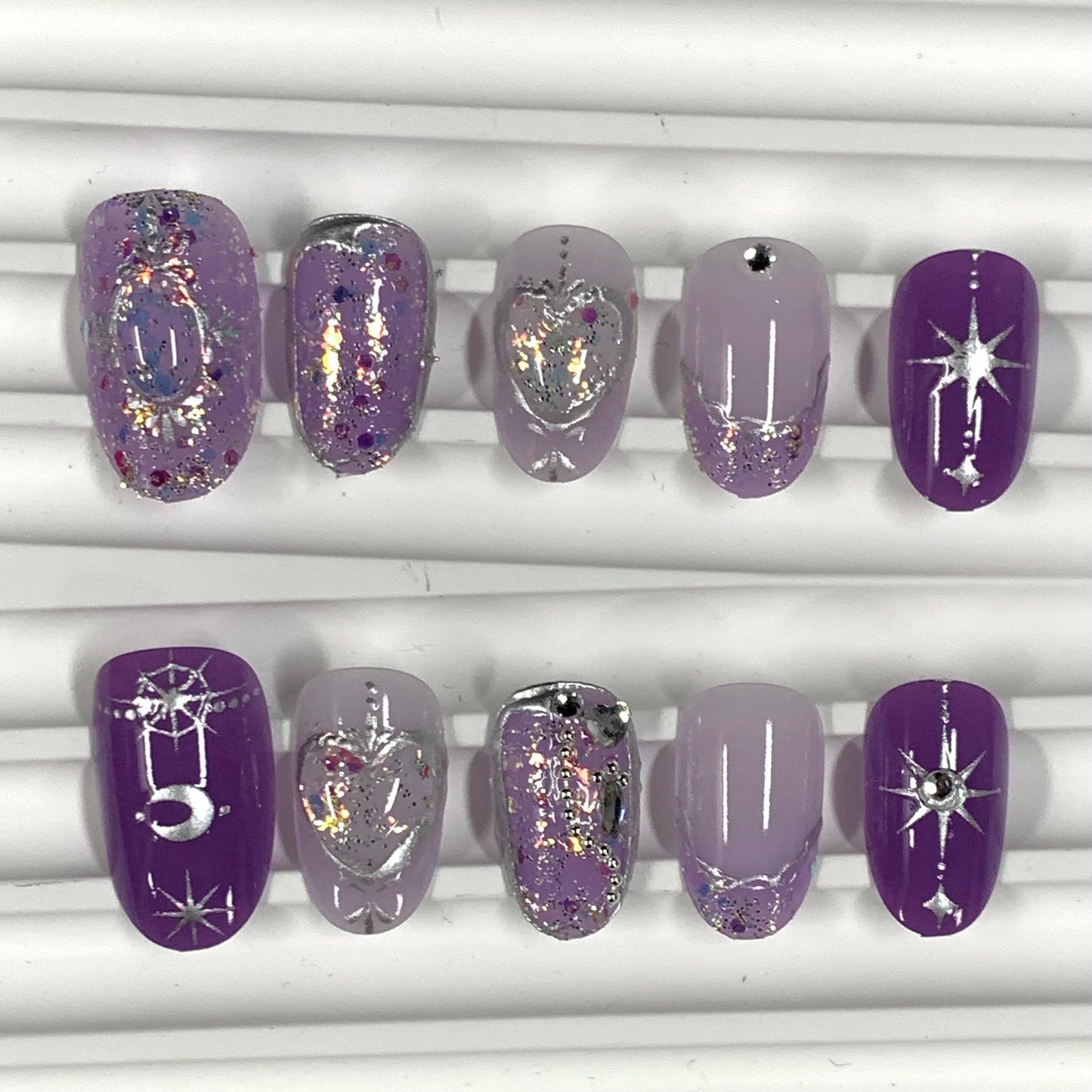 BABALAL Short Round Press on Nails - Purple Fake Nails, Glitter Shiny Design, Heart Moon Star Cute, Y2k Glossy Acrylic False Nails with Charm