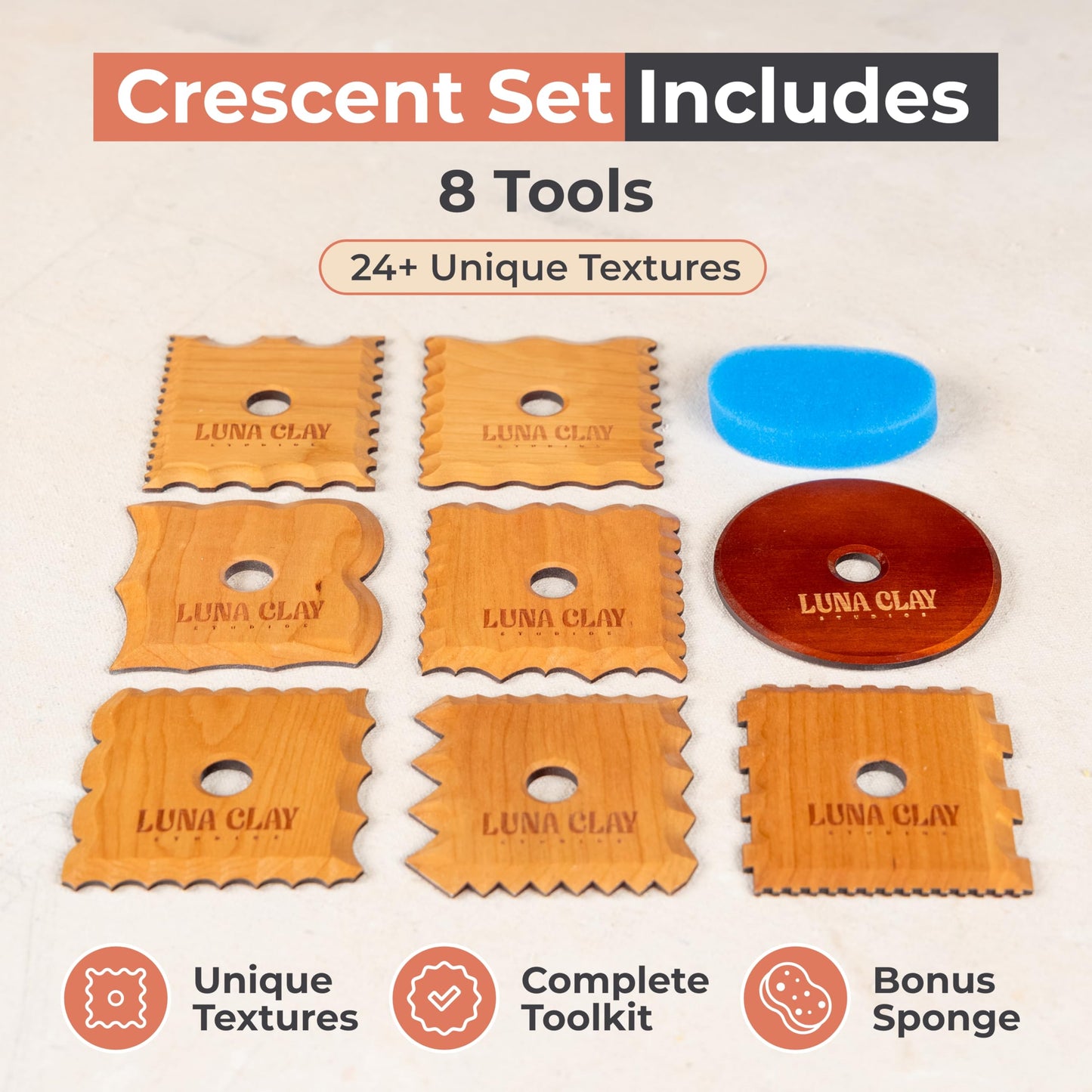 Kiln-Dried Cherry Wood Pottery Ribs & Pottery Tools For Wheel Throwing | 8 Pack - Professional Non-Warping Ceramic Set for Trimming, Sculpting, Shaping - Clay Tools & Modeling Kit with Bonus Sponge