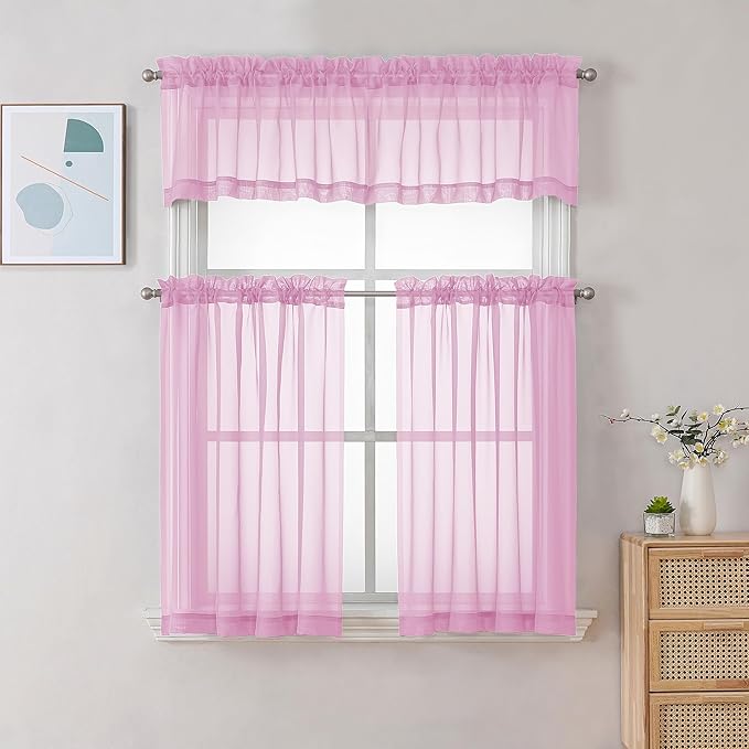 Chyhomenyc Sheer Valances for Windows 2 Pack, Small Window Curtains for Living Room Bathroom Cafe Laundry Basement, Modern Top Dual Rod Pocket Voile Curtain, 42W x 18L inches, Pink