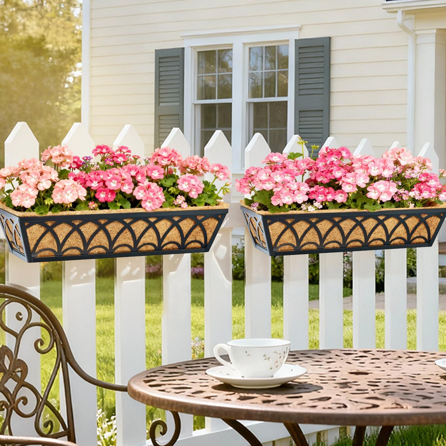 24 Inch Railing Planter Box Window Boxes Planters - 2 Pack Deck Railing Planter Boxes with Adjustable Brackets Coco Liners Balcony Planters Railing Hanging for Window Flower Boxes Outdoor Garden Decor