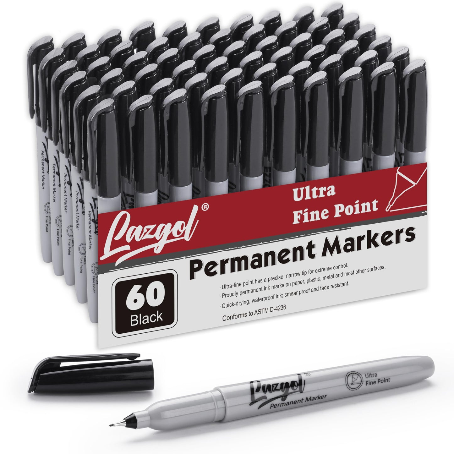 LAZGOL Permanent Markers Bulk, Ultra Fine Point, 60 Pack Black 0.4 mm Permanent Marker set, Felt Tip Pens Works on Plastic, Wood, Stone, Metal and Glass for Doodling, Marking