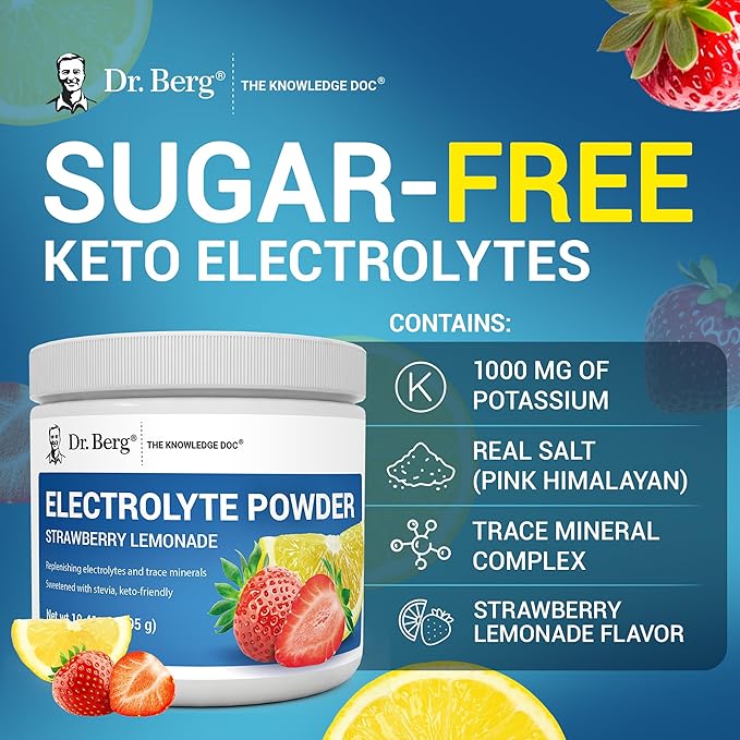 Dr. Berg Zero Sugar Hydration Keto Electrolyte Powder - Enhanced w/ 1000 mg of Potassium & Real Pink Himalayan Salt (NOT Table Salt) - Strawberry & Lemonade Hydration Drink Supplement - 50 Servings