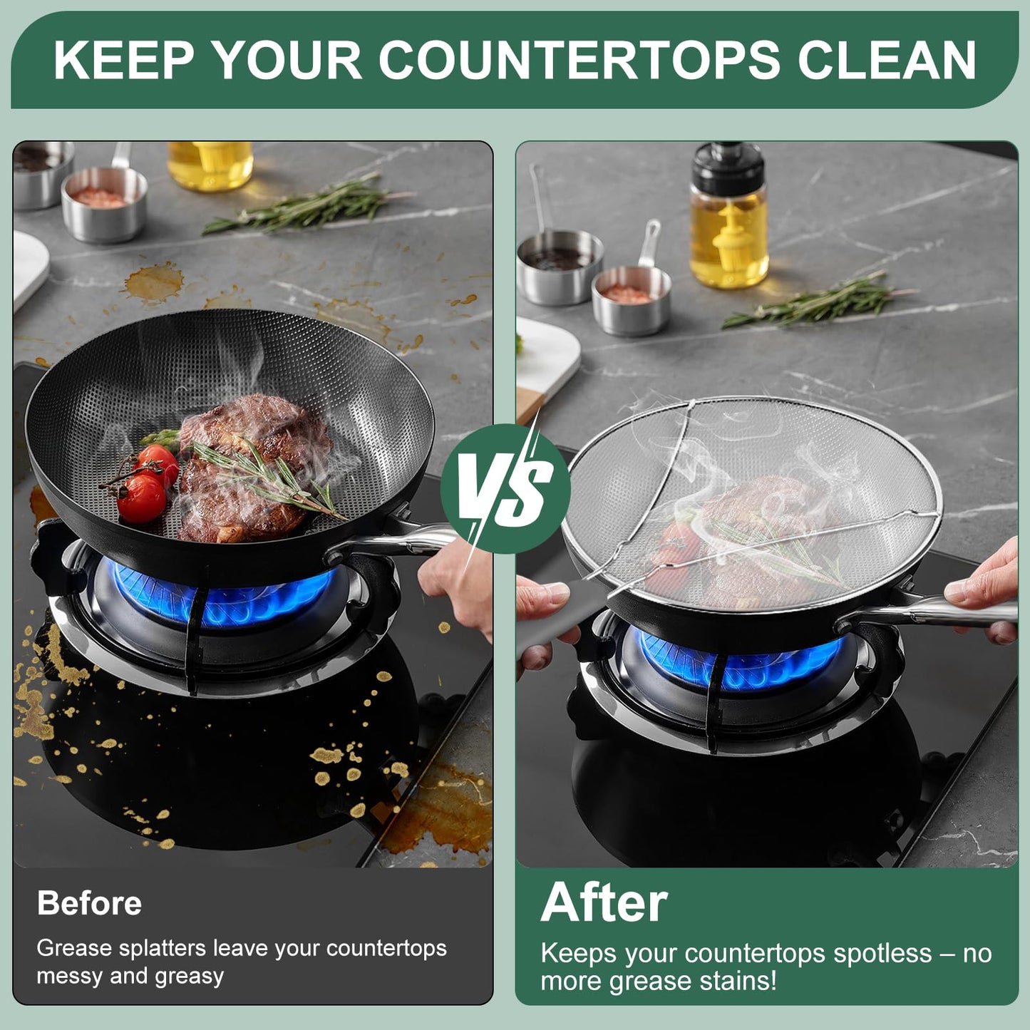 Splatter Screen for Frying Pan - 9.8" 11.4" 13" Stainless Steel Fine Mesh Grease Splatter Guard with Silicone Handle, Hot Oil Splash Guard for Cooking to Prevent Oil Splatter, Safe Cooking
