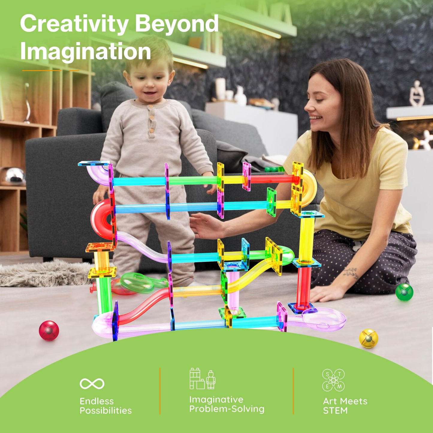 PicassoTiles 120pc Magnetic Tile Marble Run Set STEM Construction Toy with Track Building Blocks Educational Learning Compatible for Brain Development Creativity Coordination Kids Age 3 Plus PTG120