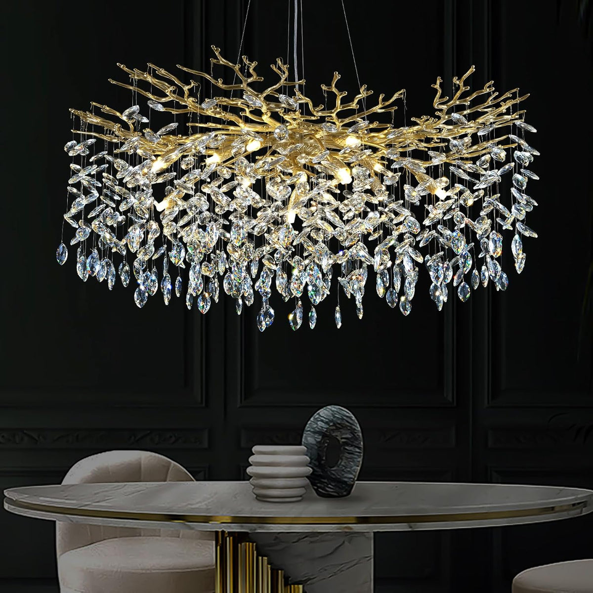 Modern Crystal Chandeliers for Dining Room Over Table, 40" Round Gold Tree Branche Chandelier, Large Crystal Chandelier for Living Room,High Ceiling,Foyer,Entryway,Kitchen Island,Staircase