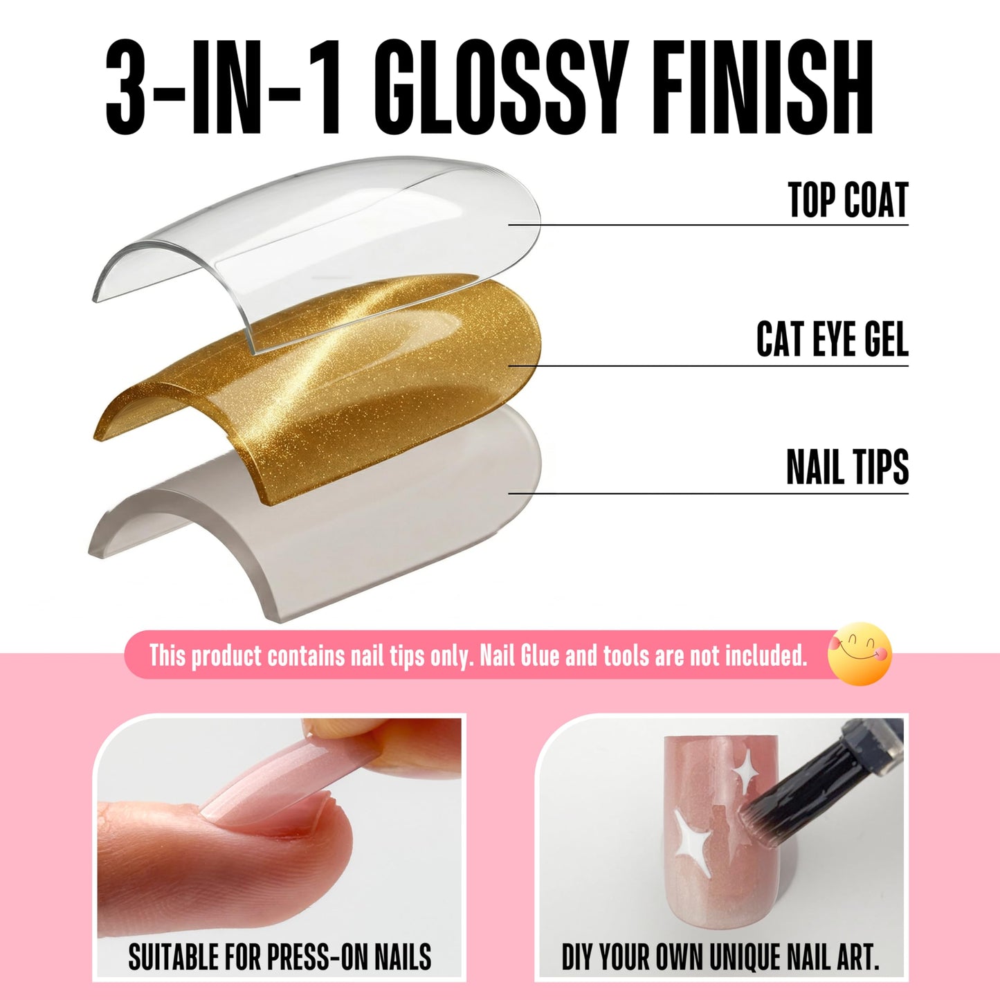NOVO OVO Short Square Nail Tips 150Pcs Cat Eye, Golden Brown Sharp Square Gel X Nail Tips, Glossy Finished with Top Coat, Full Cover Fake Nails No C Curve for Home DIY Typing Scenario, 15 Sizes