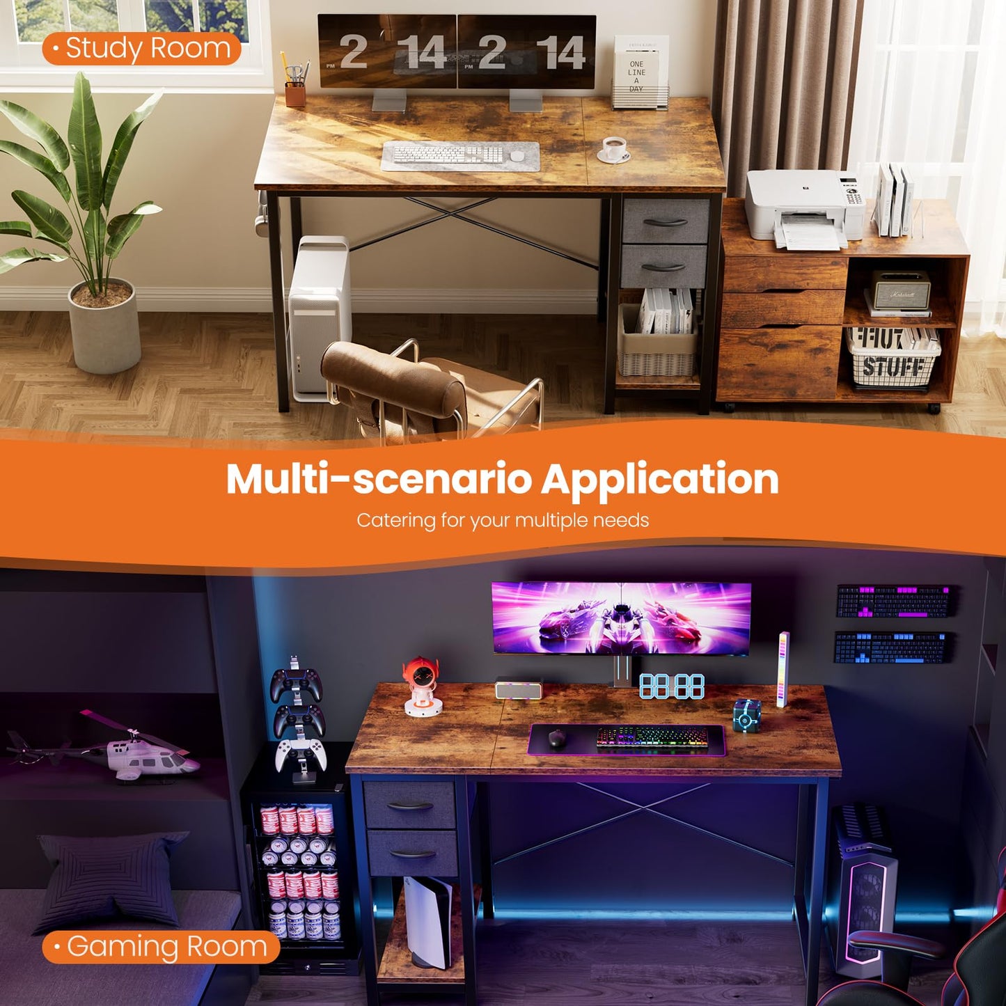 Sweetcrispy 40 Inch Computer Desk with Drawers for Home Office, Writing Desk with X-Shaped Reinforcement, Wood Table with Adjustable Position Drawers, Modern Study Work Table with Side Hook, Rust