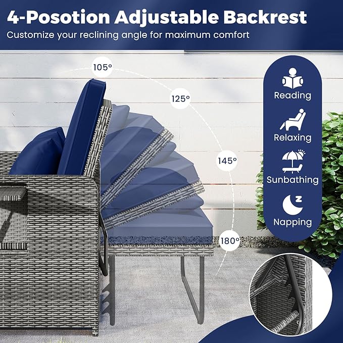 HAPPYGRILL Patio Rattan Wicker Daybed with Loveseat & Storage Ottoman, Outdoor Lounge Sofa Furniture Set with Adjustable Backrest & Side Trays, for Poolside Deck Porch Lawn (Mix Grey & Navy)