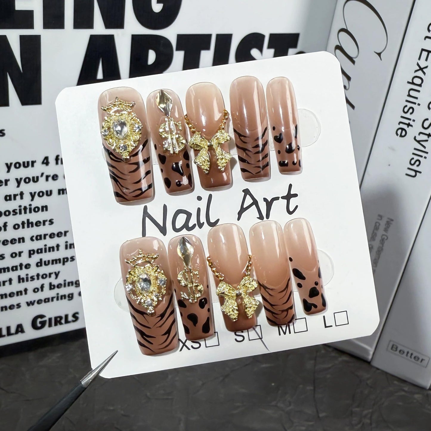 Handmade Press on Nails Long,Xl Square Fake Nails French Tip Leopard False Nails with Glue Charms Bow Design Acrylic Nails Press Ons Sparkly Full Cover Stick on Nail fo Women 10Pcs(Size M)
