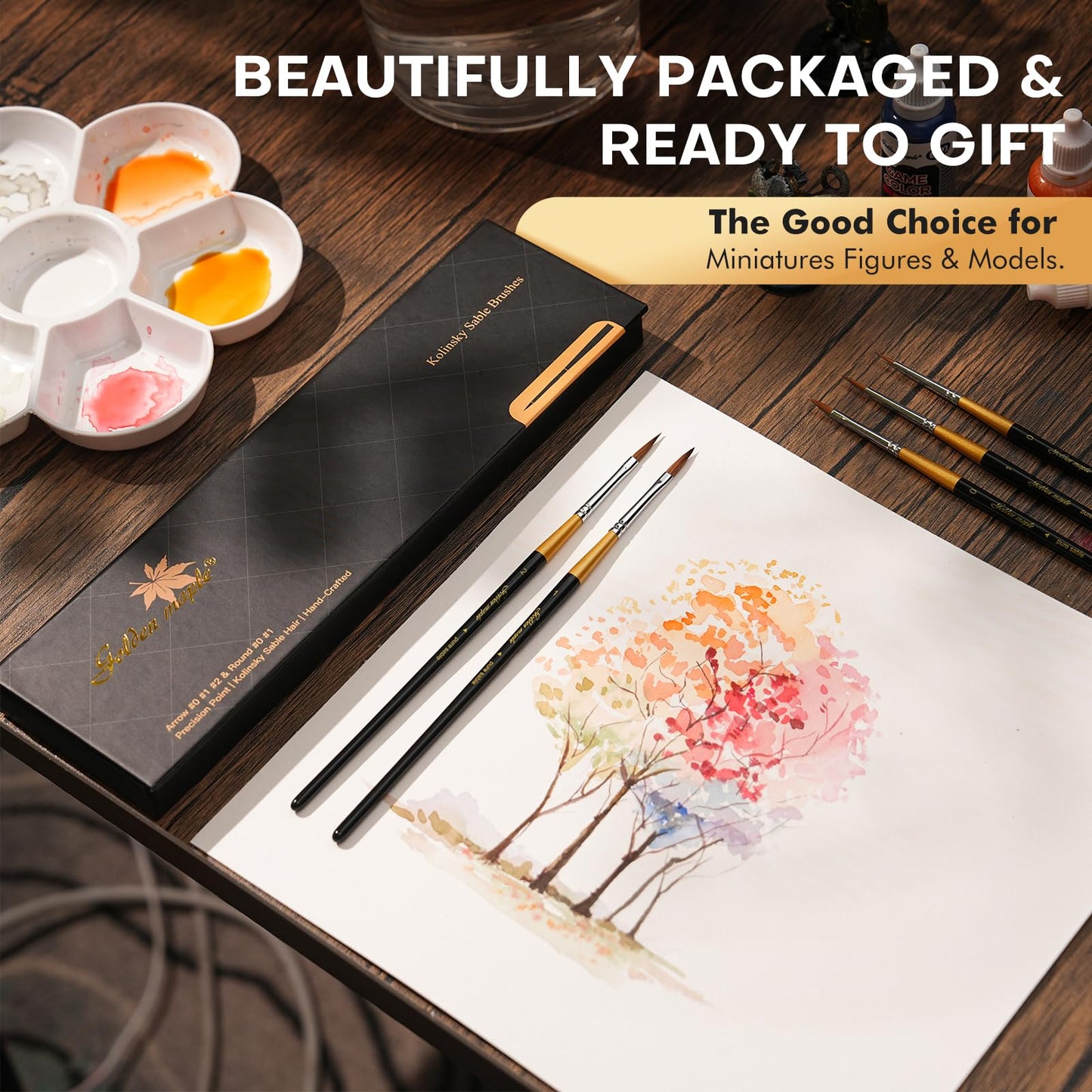 Golden Maple Kolinsky Sable Miniature Paint Brushes, 5PC Professional Detail Paint Brushes Arrow Point Paint Brush Set for Models, Watercolor Details, Figures & Gouache Painting, Black