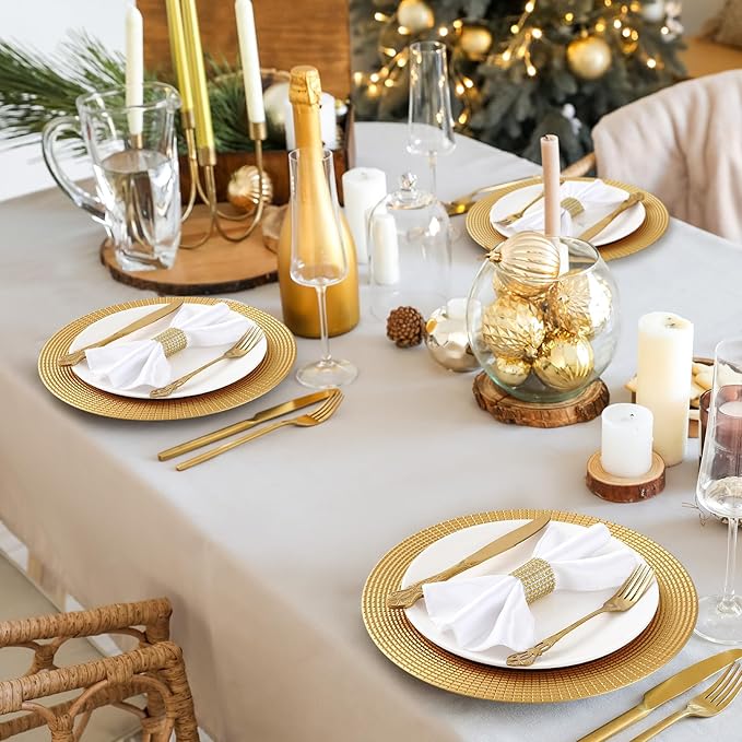 Tanlade 50 Set Bright Gold Charger Plates Bulk with Napkin Rings Plastic 13" Plate Charger Fluted Edge Wedding Decoration for Table Wedding Party Event(Chain)