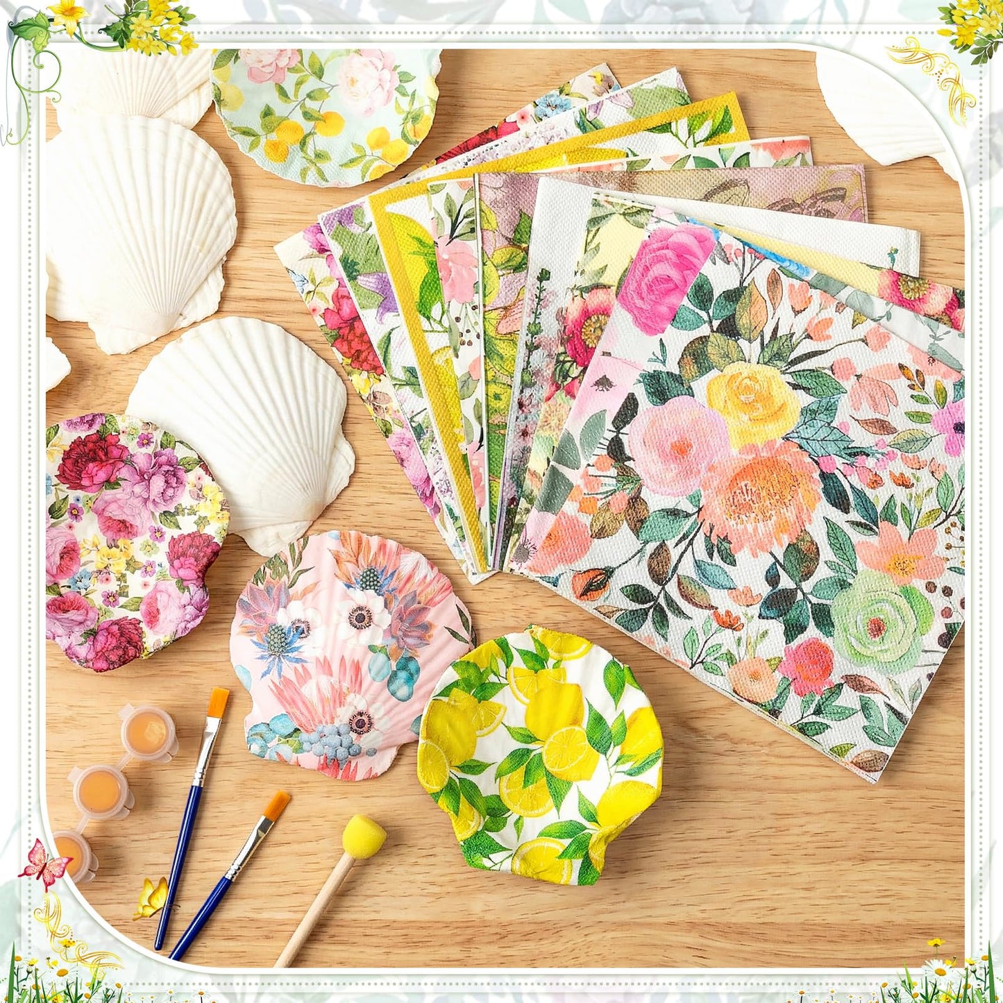 Crtiin 48 Pcs Decoupage Kits, 18 Pcs 4'' White Scallop Shells, 24 x Assorted Decoupage Paper Napkins with Glue Paint Strips Pigments and Paint Brushes for Home Decor Ornaments DIY Arts Crafts (Flower)