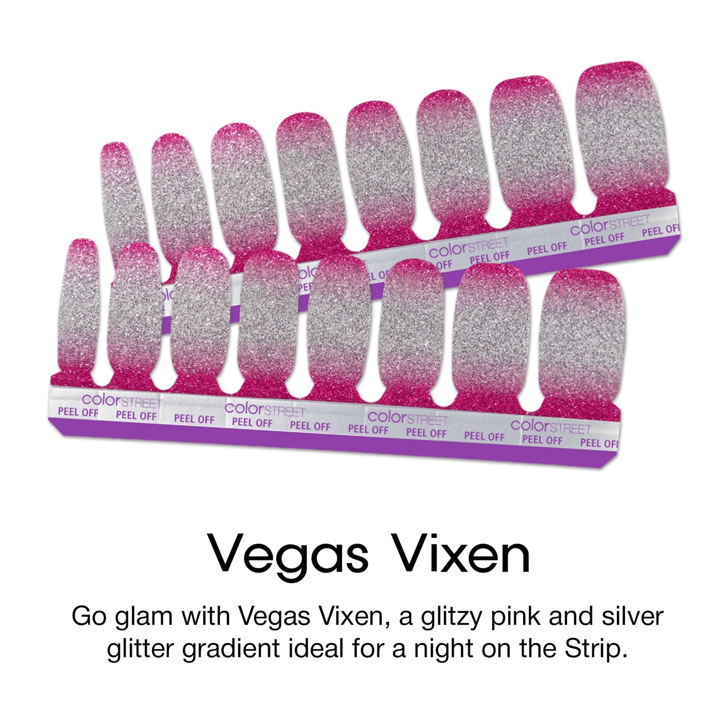 Color Street Vegas Vixen Nail Strips - Pink & Silver Glitter Gradient - Glamorous Glitter Finish - 16 Double-Ended Nail Strips - Easy Peel & Stick Application - No Dry Time, Long-Lasting Wear