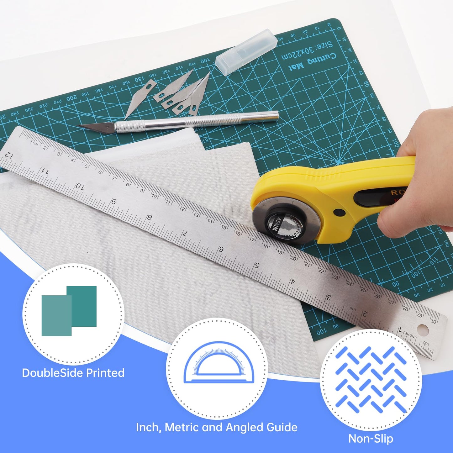 Smgda Rotary Cutter Set, 45mm Fabric Cutter, A4 Cutting Mat 11.8x8.6inch, Dual Scale Quilting Ruler and Craft Knife Set, Ideal for Crafting, Sewing, Scrapbooking, Patchworking