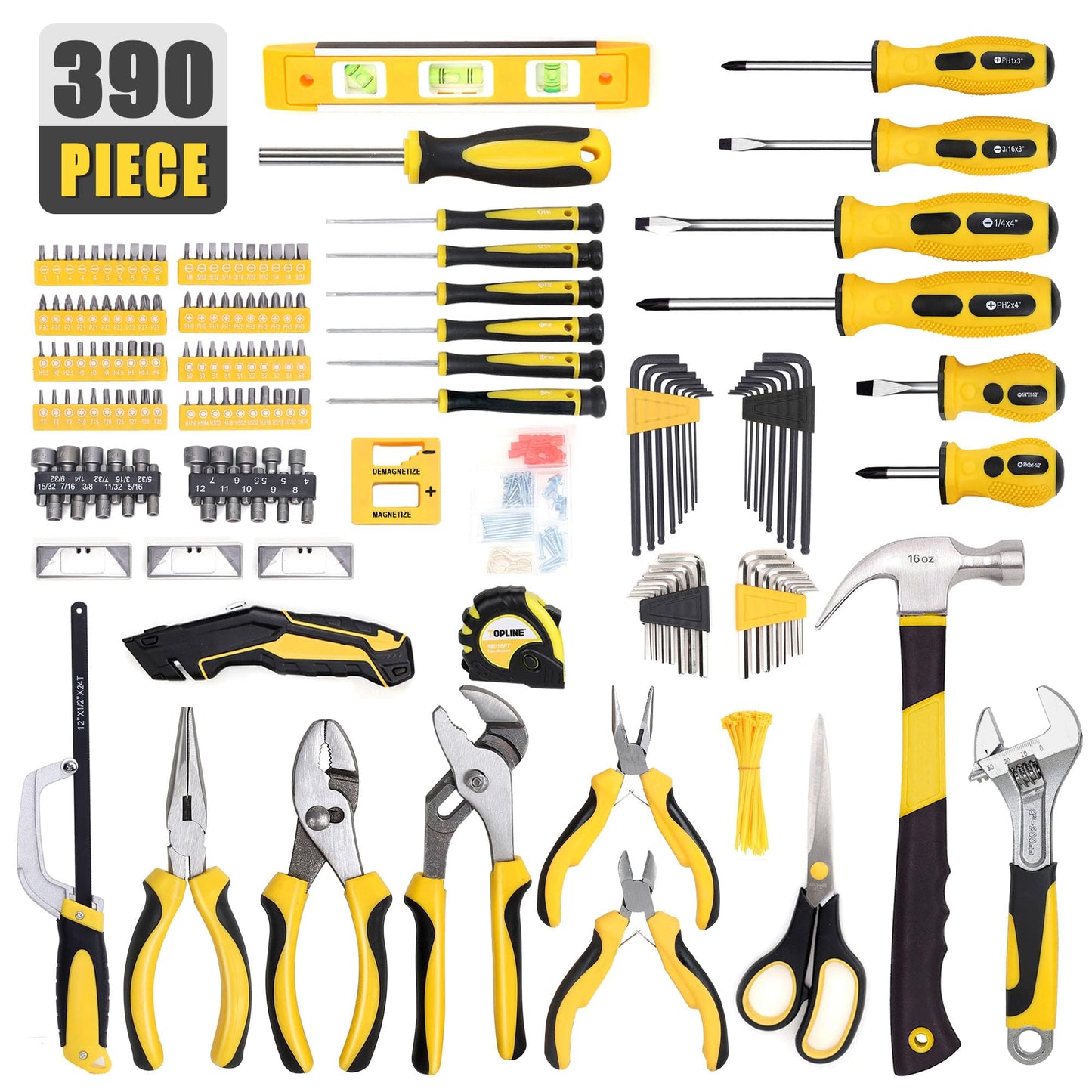 TOPLINE 390-Piece Hand Tool Kits for Home, 14-Inch Wide Mouth Tool Bag with Tools Included, Home Tool Set for Men, General Maintenance, Daily Use